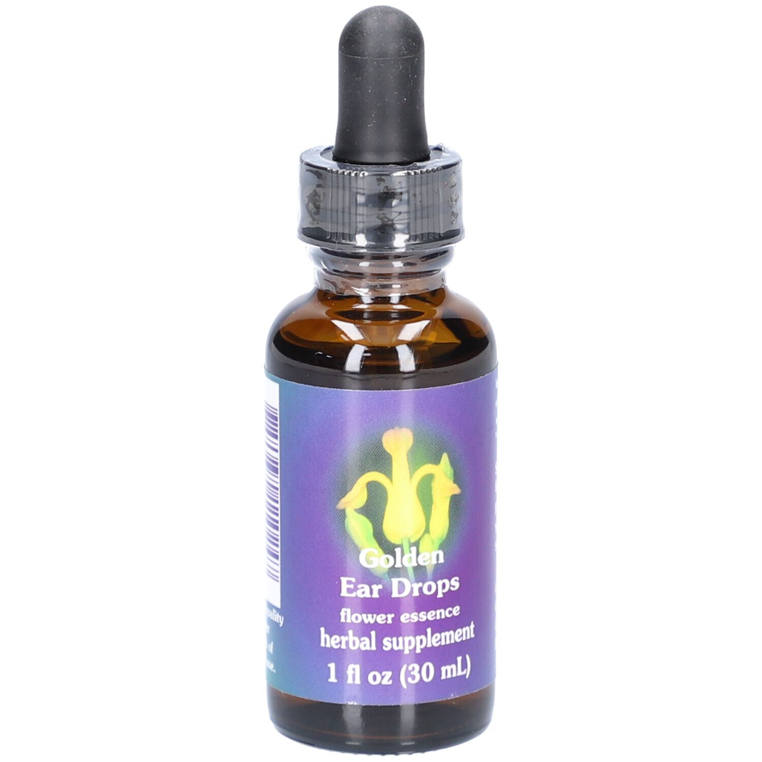 Braune Glasflasche mit schwarzem Tropfer. Etikett mit Produktnamen, floralem Design und Inhaltsangaben. 1 fl oz (30 ml).
