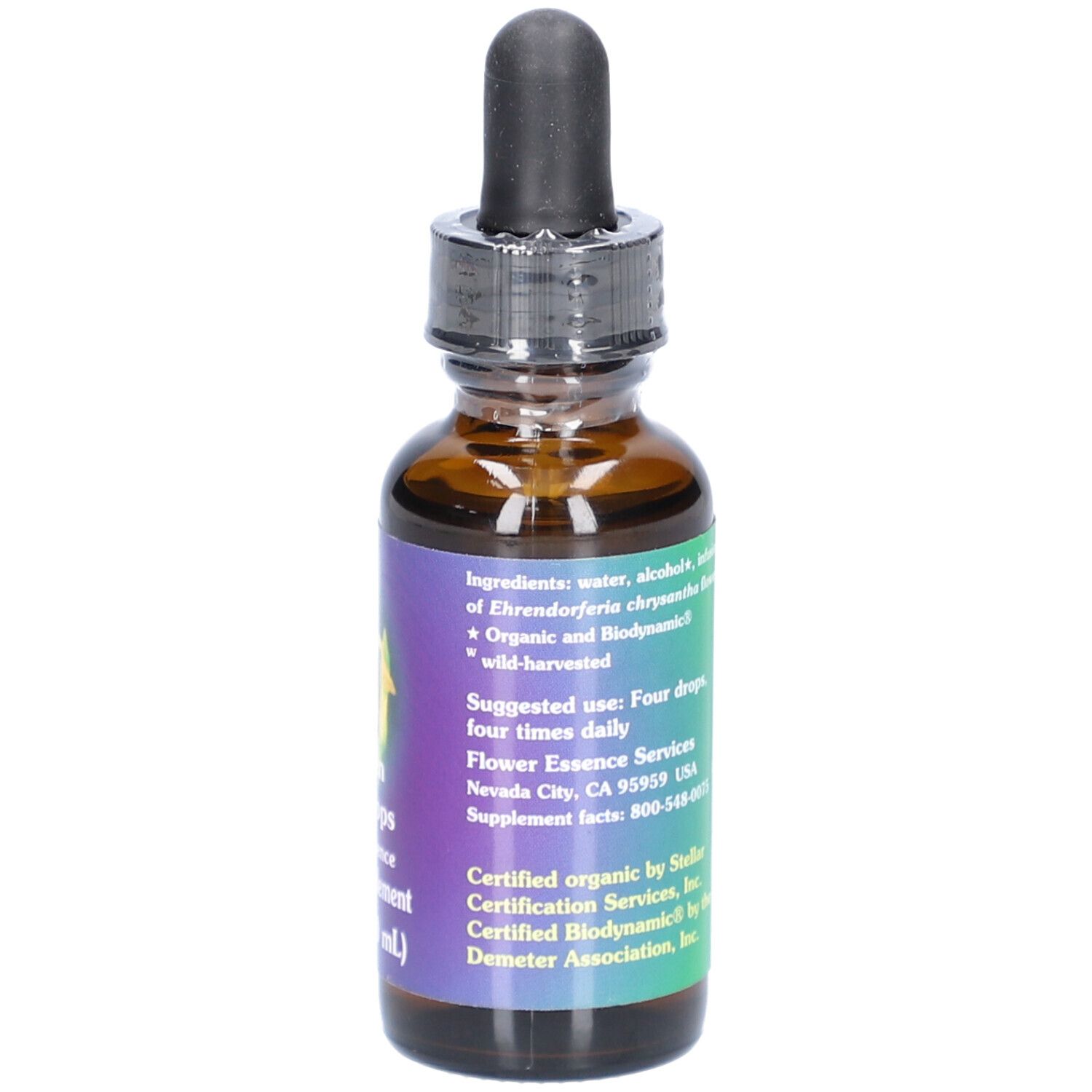 Braune Glasflasche mit schwarzem Tropfer. Etikett mit Inhaltsstoffen, Anwendungshinweisen und Zertifizierungen. 1 fl oz (30 ml).
