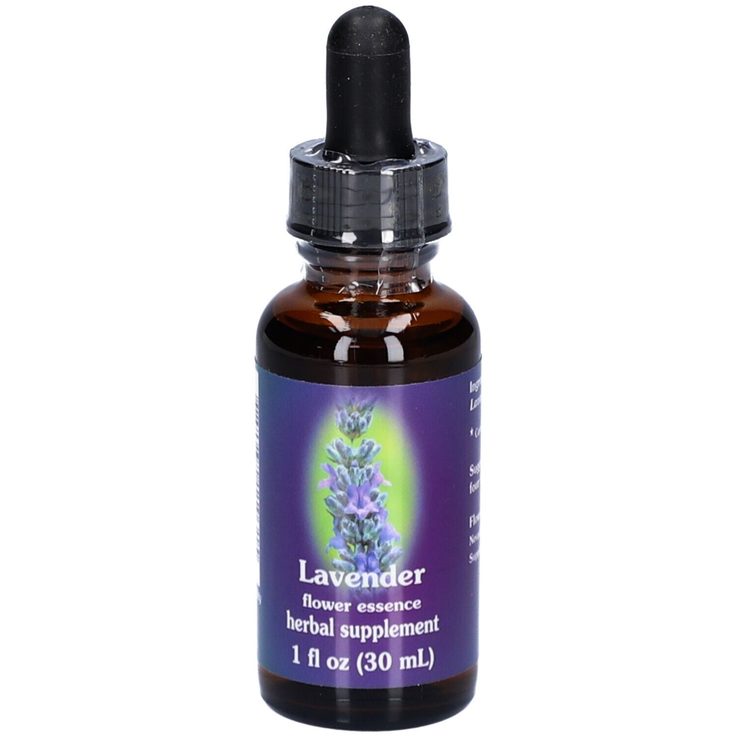 Braune Glasflasche mit Tropfer. Etikett mit Lavendel-Illustration und Text: flower essence, herbal supplement, 1 fl oz (30 ml).