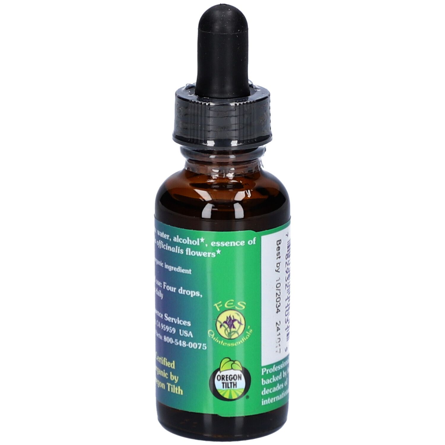 Braune Glasflasche mit Tropfer. Etikett mit Inhaltsstoffen, FES-Logo und Text: Certified organic ingredient, Oregon Tilth.