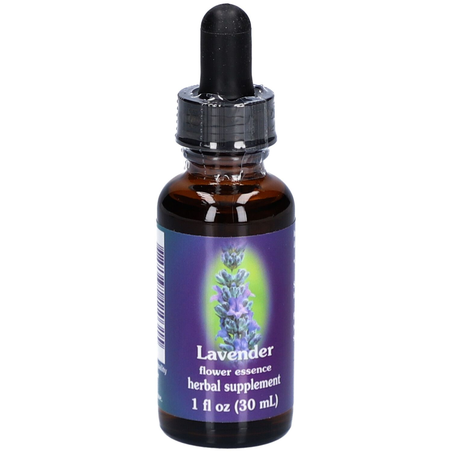 Braune Glasflasche mit Tropfer. Etikett mit Lavendel-Illustration und Text: flower essence, herbal supplement, 1 fl oz (30 ml).