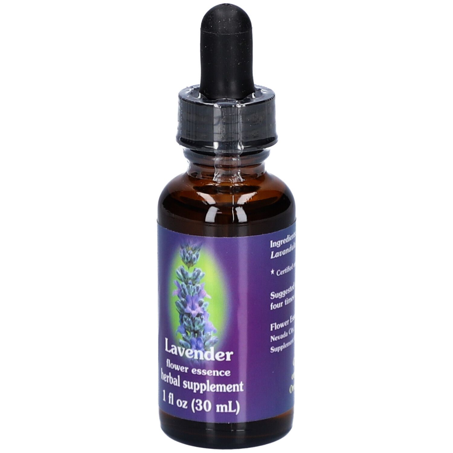 Braune Glasflasche mit Tropfer. Etikett mit Lavendel-Illustration und Text: flower essence, herbal supplement, 1 fl oz (30 ml).