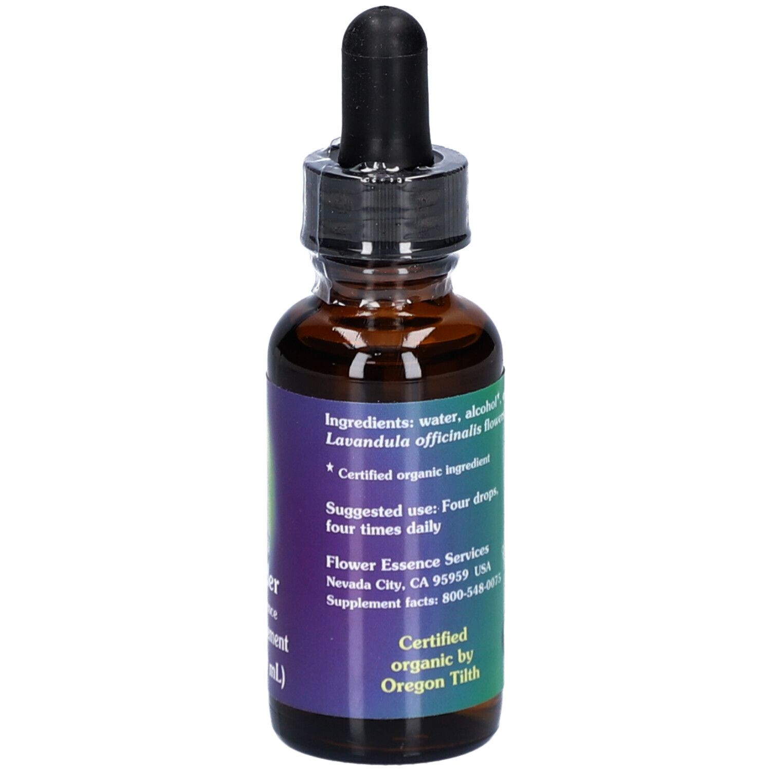 Braune Glasflasche mit Tropfer. Etikett mit Inhaltsstoffen, Anwendungshinweis und Text: Certified organic by Oregon Tilth.