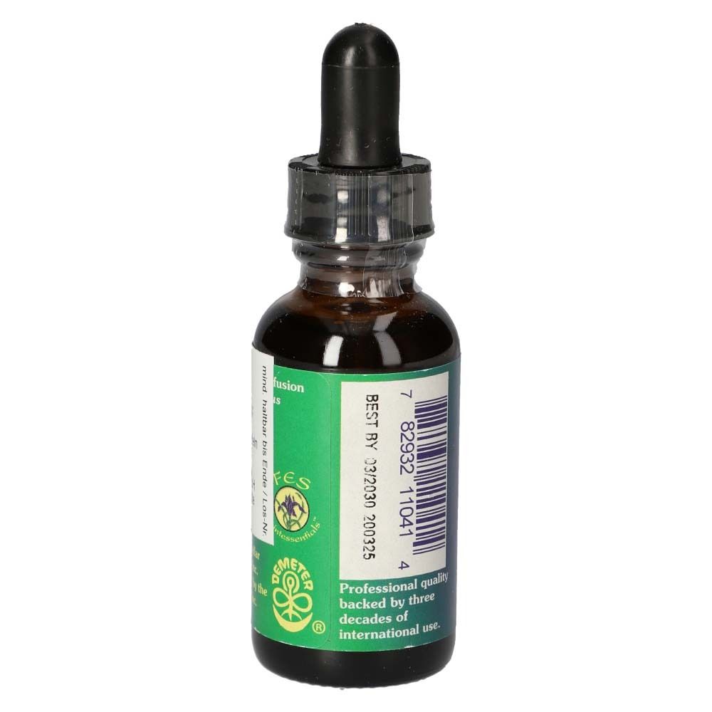 Braune Glasflasche mit Tropfer. Etikett mit Barcode, Text: Professional quality backed by three decades of international use. Demeter-Logo.