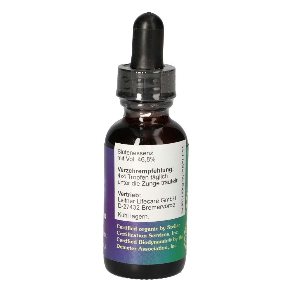 Rückansicht der Flasche. Etikett mit Text: Blütenessenz mit Vol. 46,8%. Verzehrempfehlung: 4x4 Tropfen täglich unter die Zunge träufeln. Kühl lagern.