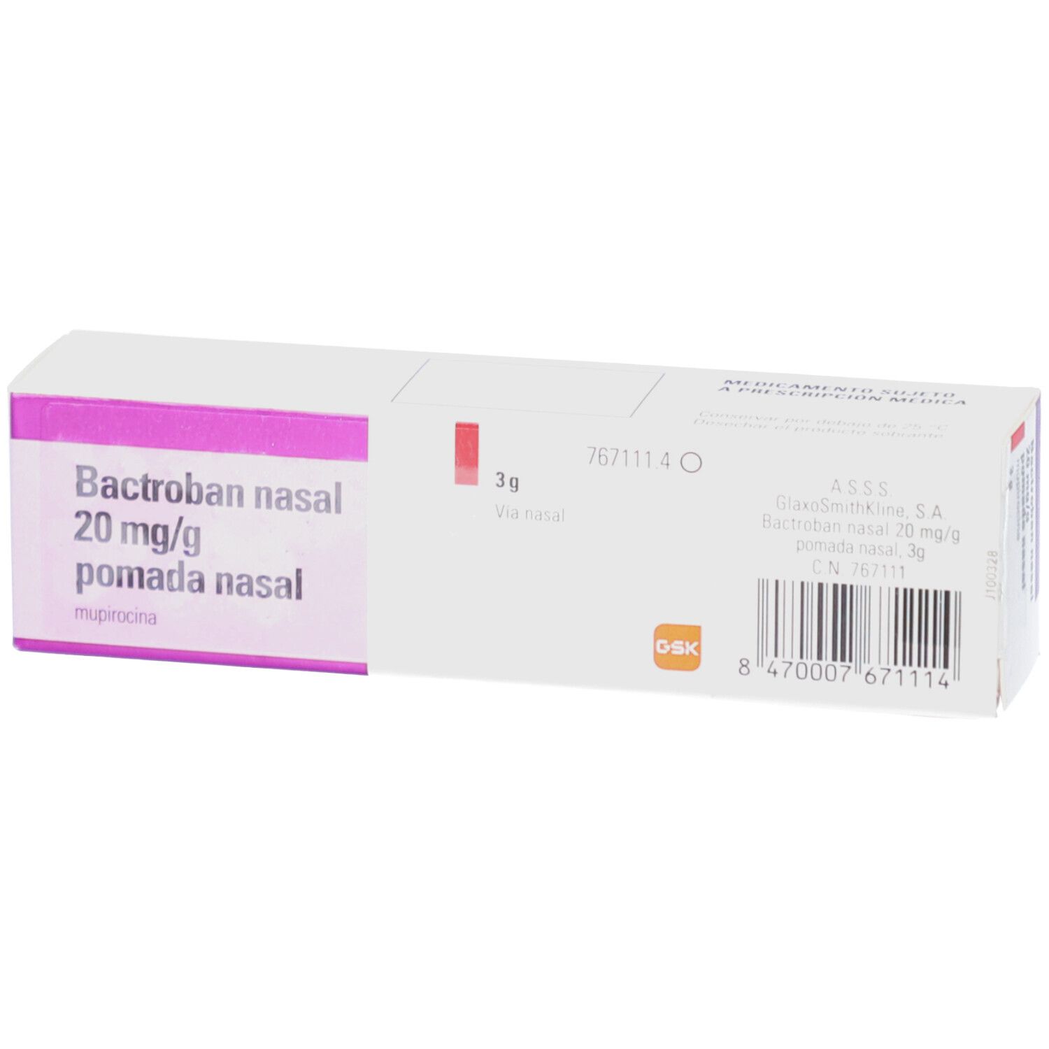 Verpackung von Bactroban nasal. Aufschrift: 20 mg/g pomada nasal. 3g. Barcode und Herstellerlogo. Rosa und weiße Farbgebung.