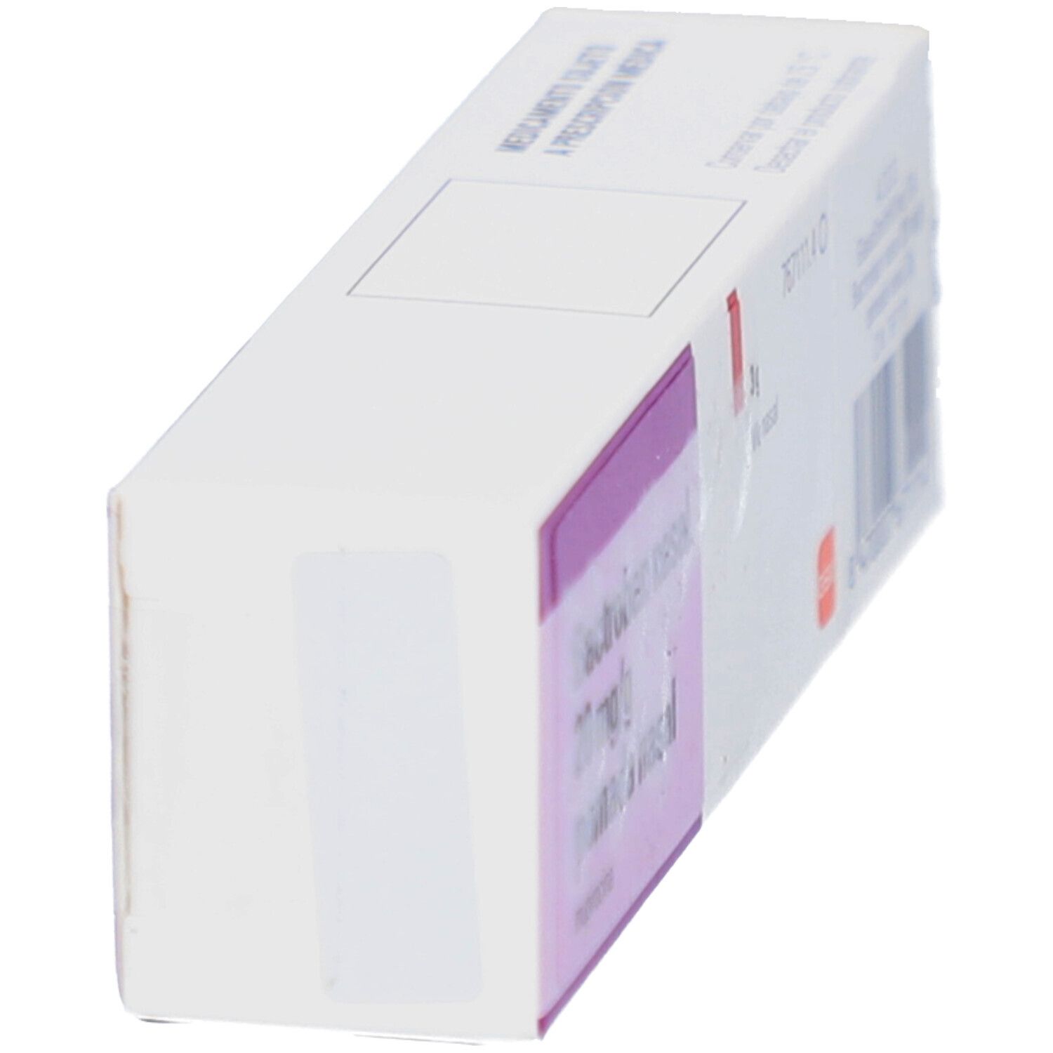 Schrägansicht der Verpackung von Bactroban nasal. Weiße Schachtel mit rosa Akzenten. Barcode und Text auf der Seite.