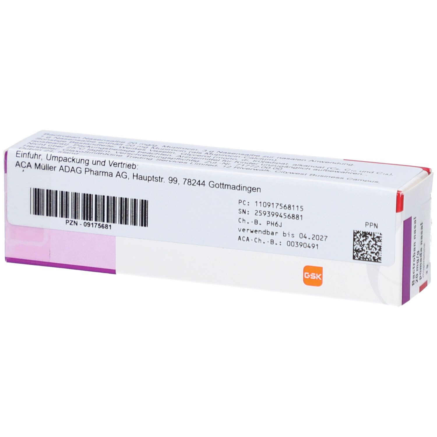 Rückseite der Bactroban nasal Verpackung. Text, Barcode und Herstellerinformationen. Weiße Schachtel mit rosa Akzenten.
