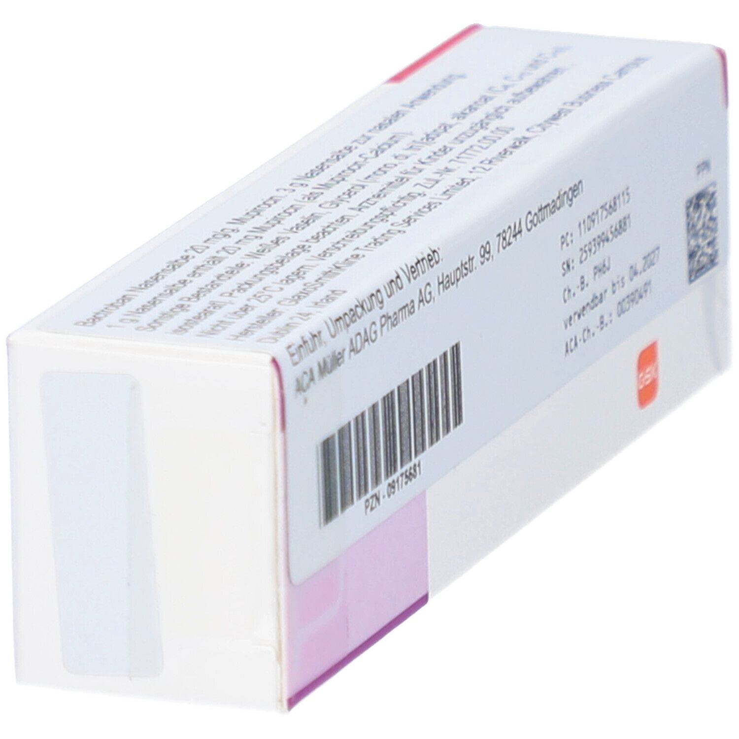 Schrägansicht der Bactroban nasal Verpackung. Text, Barcode und Herstellerinformationen. Weiße Schachtel mit rosa Akzenten.
