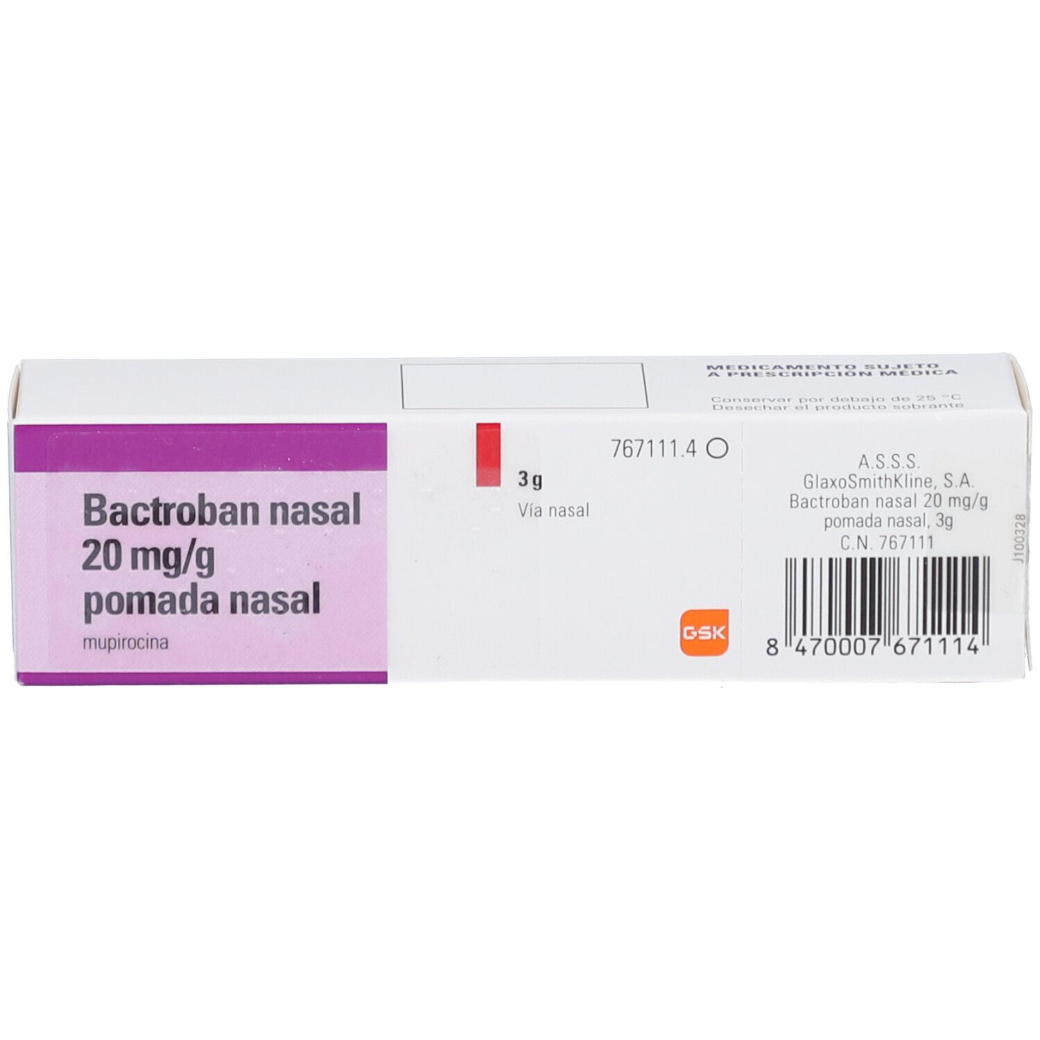 Verpackung von Bactroban nasal. Aufschrift: 20 mg/g pomada nasal. 3g. Barcode und Herstellerlogo. Rosa und weiße Farbgebung.