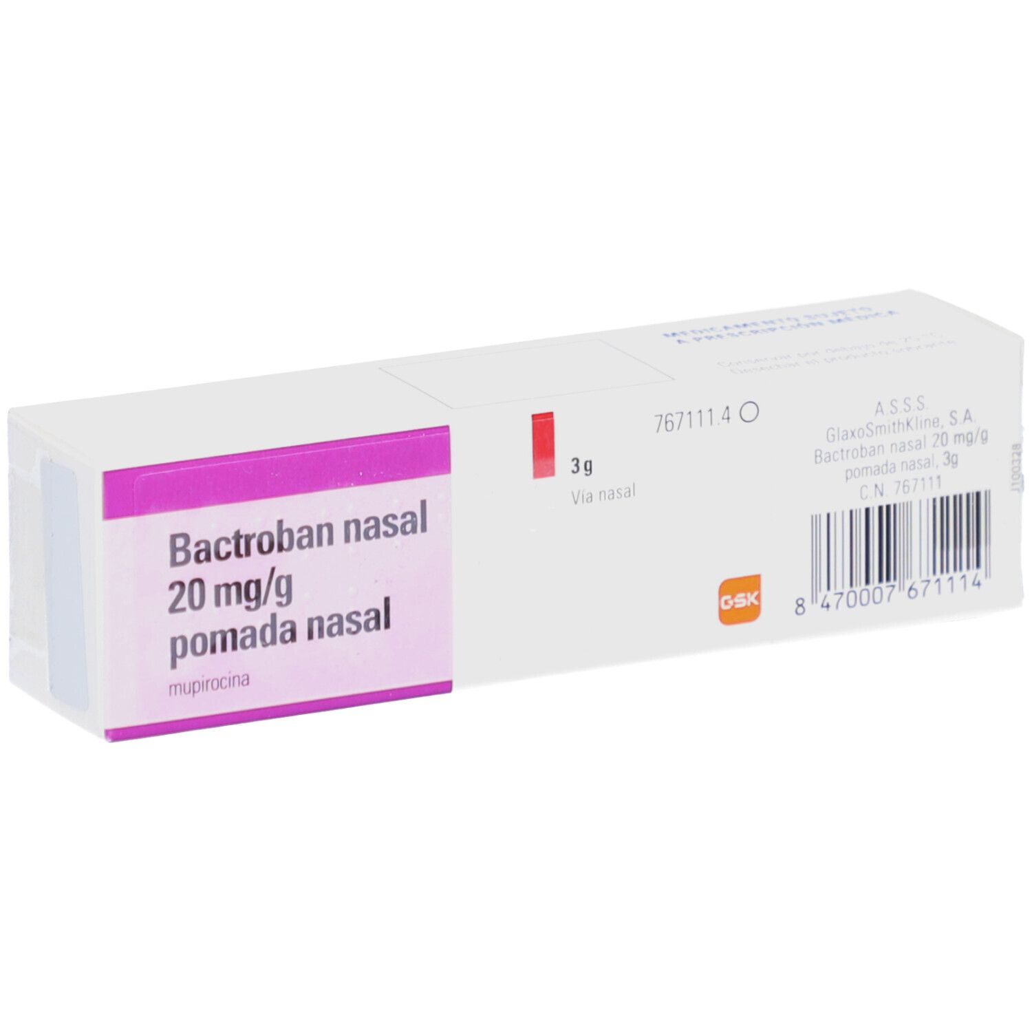 Verpackung von Bactroban nasal. Aufschrift: 20 mg/g pomada nasal. 3g. Barcode und Herstellerlogo. Rosa und weiße Farbgebung.