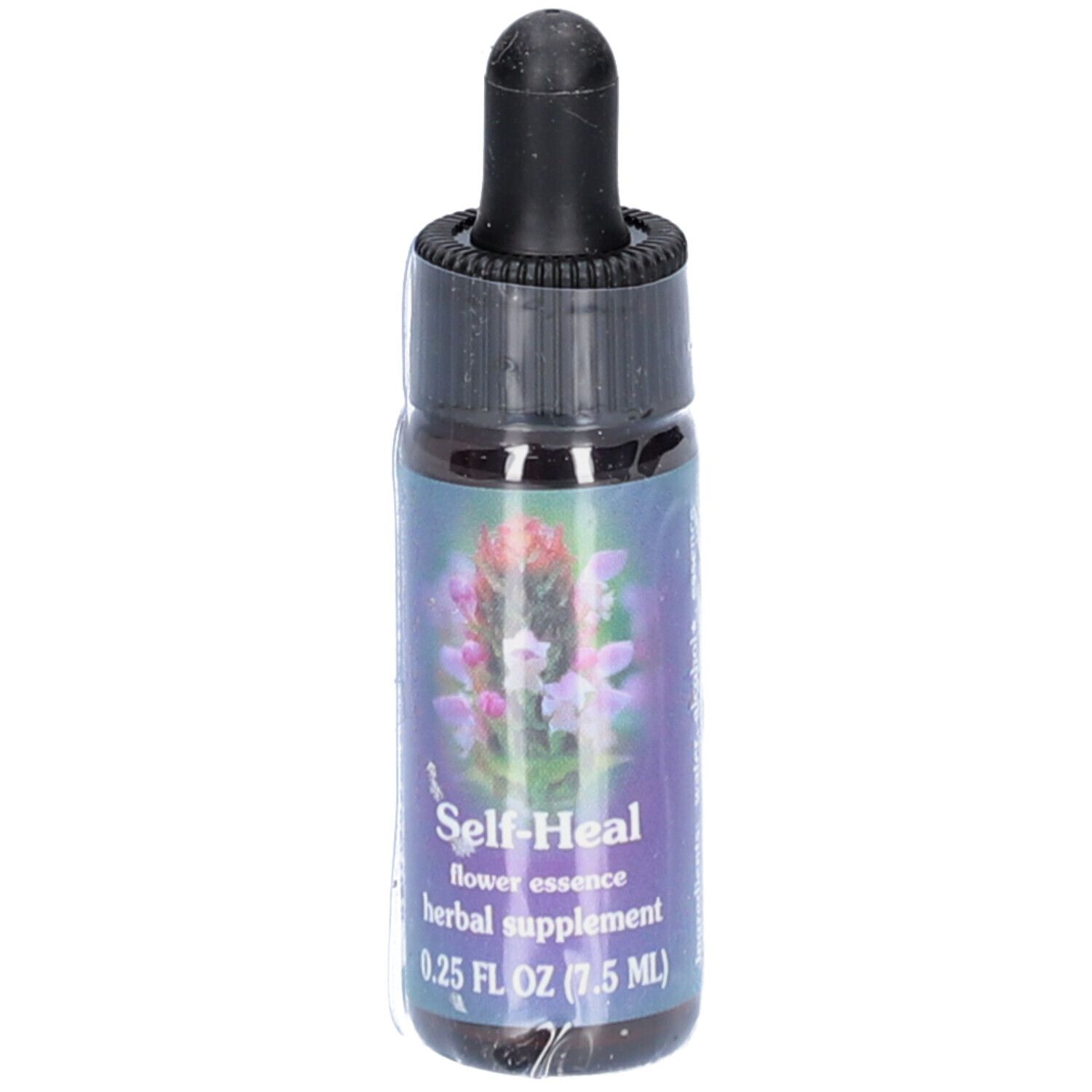 Braune Glasflasche mit schwarzem Tropfer. Etikett mit Produktnamen, floralem Design und Volumenangabe.