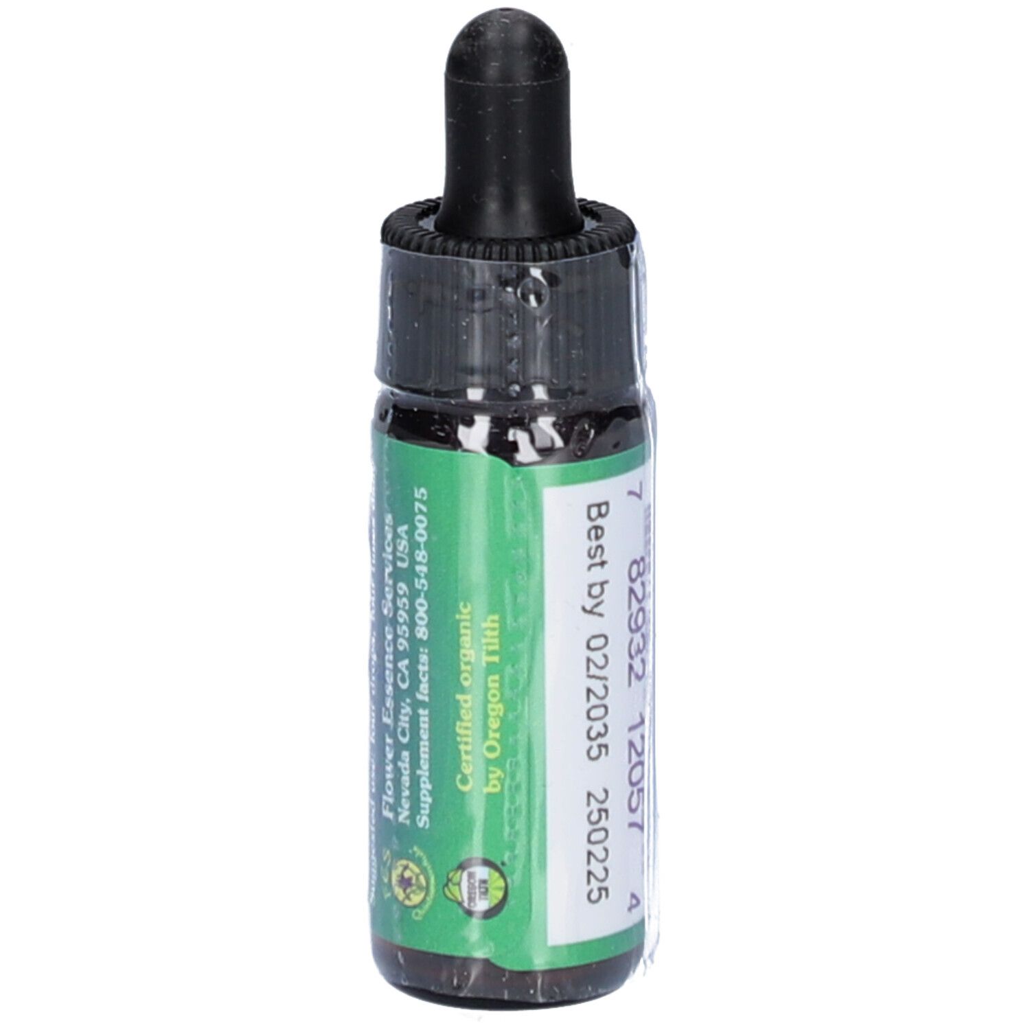 Braune Glasflasche mit schwarzem Tropfer. Etikett mit Barcode, Haltbarkeitsdatum und Herstellerinformationen.