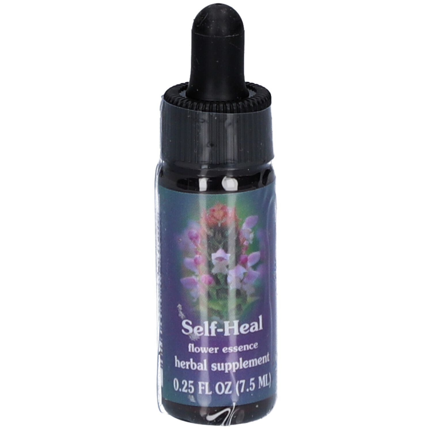 Braune Glasflasche mit schwarzem Tropfer. Etikett mit Produktnamen, floralem Design und Volumenangabe.