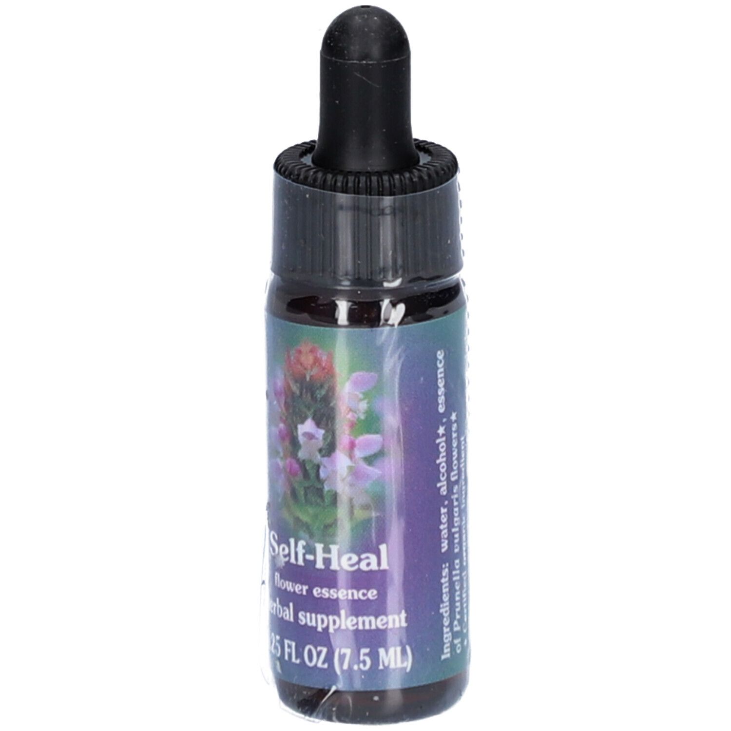 Braune Glasflasche mit schwarzem Tropfer. Etikett mit Produktnamen, floralem Design, Volumen und Inhaltsstoffen.