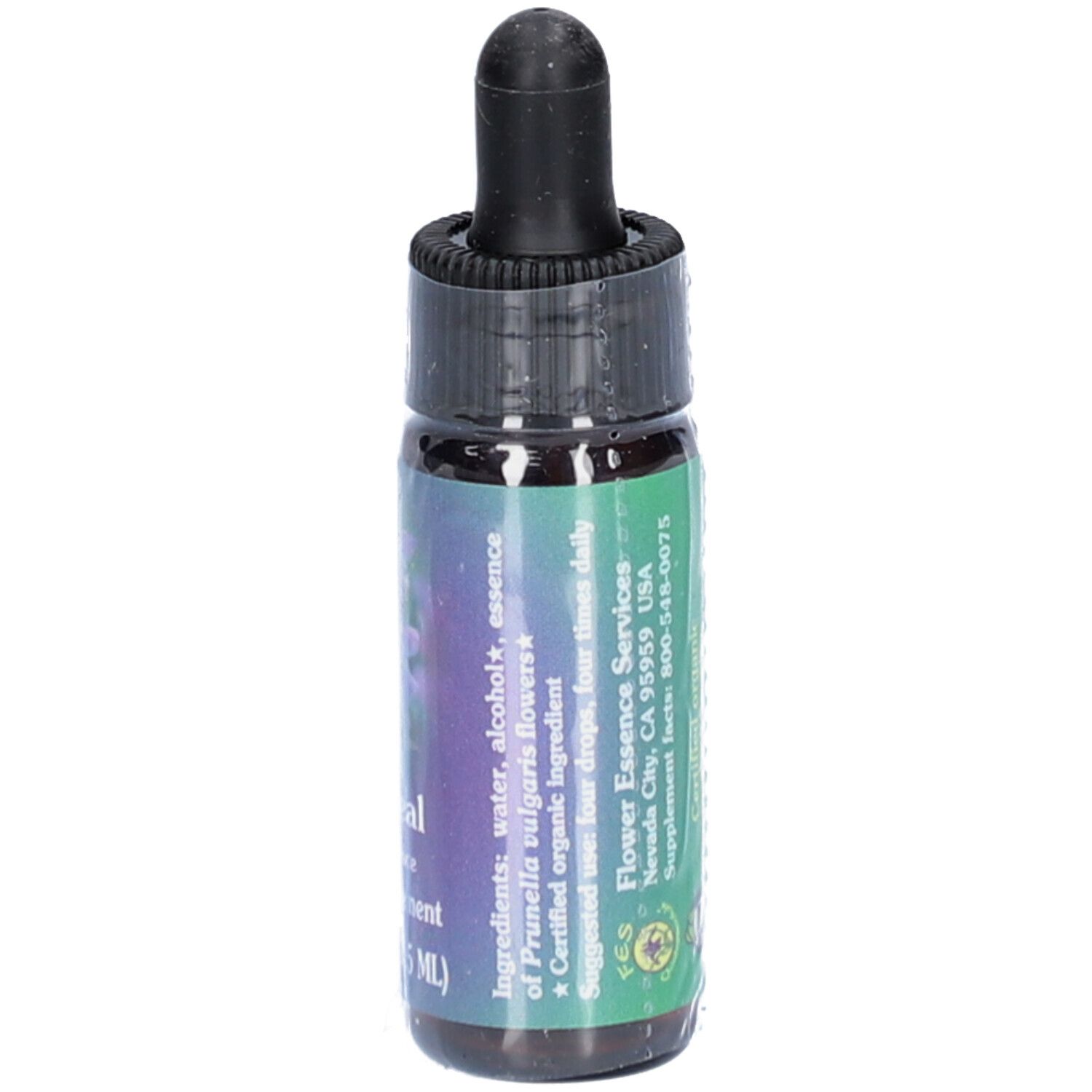 Braune Glasflasche mit schwarzem Tropfer. Etikett mit Produktnamen, Inhaltsstoffen, Herstellerinformationen und Zertifizierung.