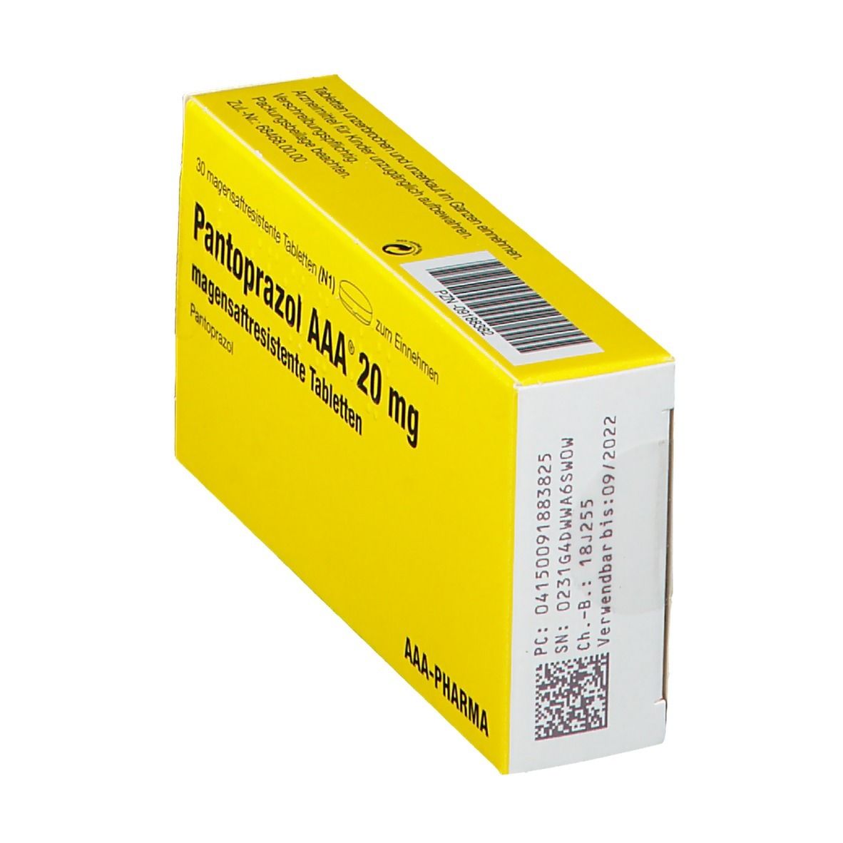 Gelbe Schachtel "Pantoprazol AAA 20 mg". Aufschrift: "30 magensaftresistente Tabletten". Seite mit Barcode und Daten.