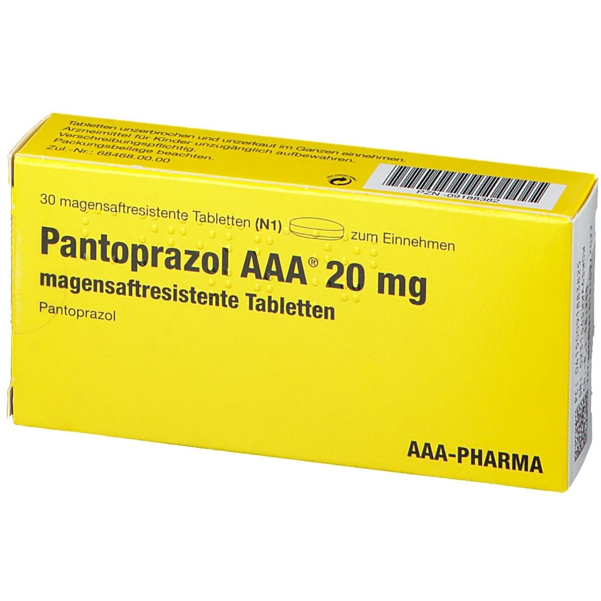 Gelbe Schachtel "Pantoprazol AAA 20 mg". Aufschrift: "30 magensaftresistente Tabletten".