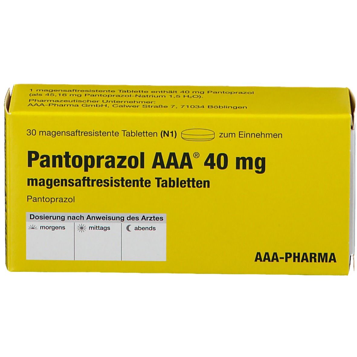 Gelbe Schachtel mit "Pantoprazol AAA 40 mg" und "magensaftresistente Tabletten". Aufdrucke in Deutsch. AAA-PHARMA Logo.