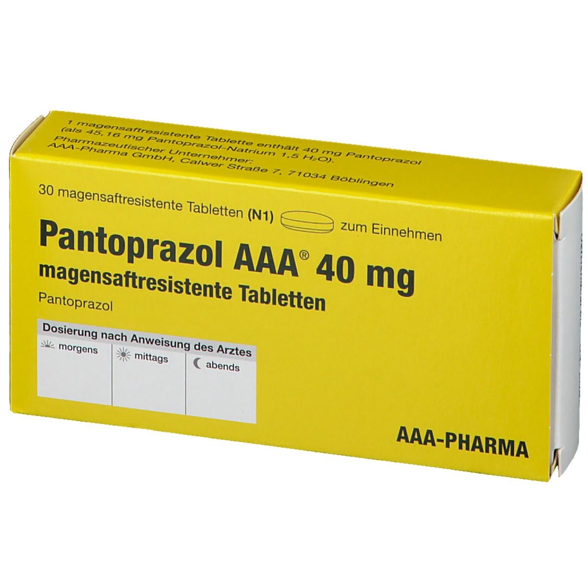 Gelbe Schachtel mit "Pantoprazol AAA 40 mg" und "magensaftresistente Tabletten". Aufdrucke in Deutsch. AAA-PHARMA Logo.