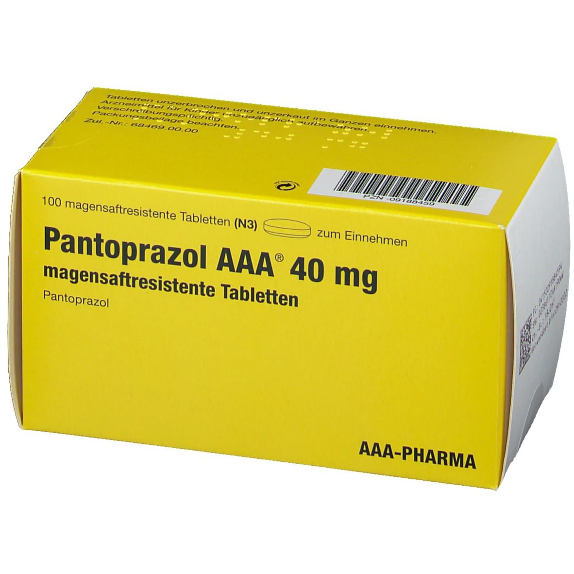 Gelbe Schachtel mit Aufschrift Pantoprazol AAA 40 mg magensaftresistente Tabletten. AAA-Pharma Logo.
