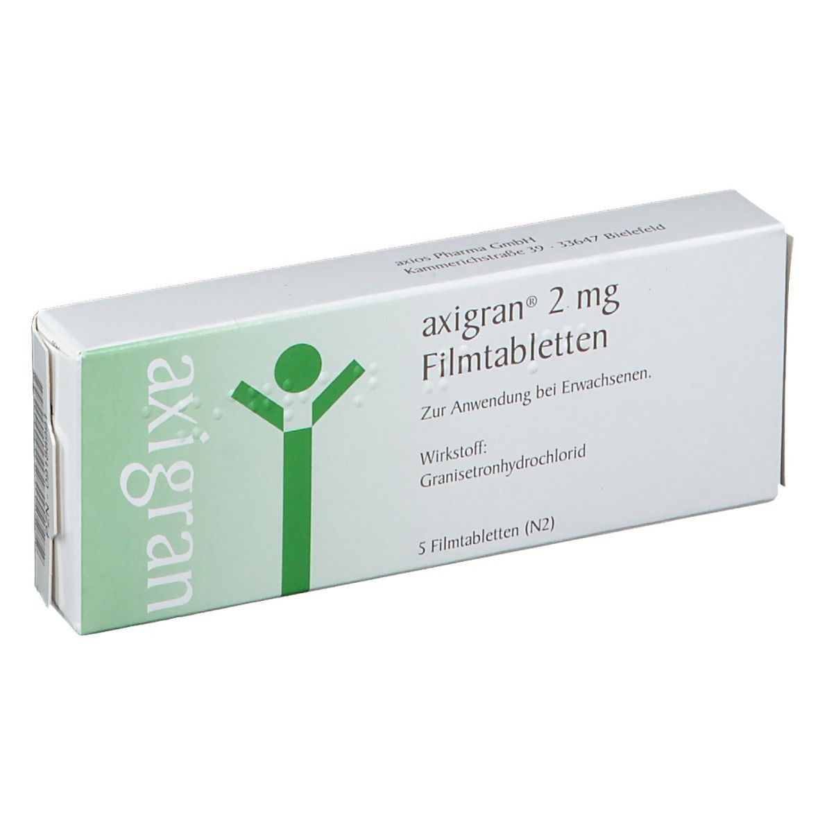 Weiße Schachtel mit grünem Logo und Schriftzug "axigran 2 mg". Enthält 5 Filmtabletten. Text auf Deutsch.