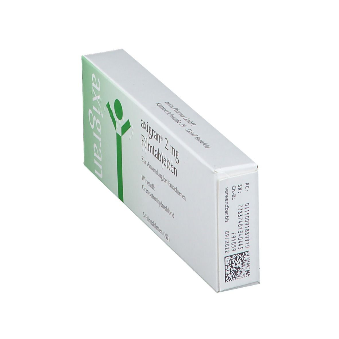 Schachtel "axigran 2 mg" in Schrägansicht. Grünes Logo und Text auf weißem Grund. Enthält 5 Filmtabletten.