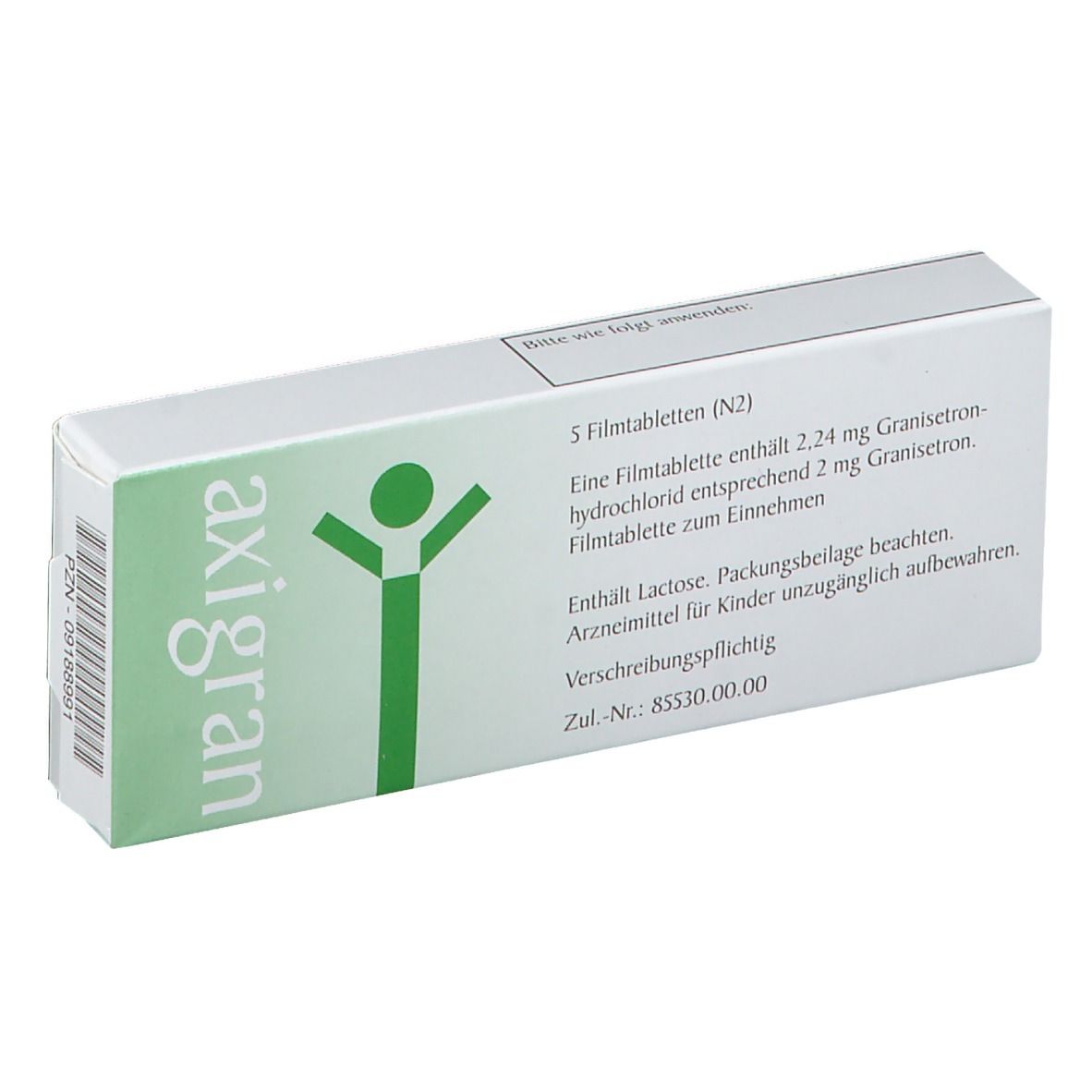 Weiße Schachtel "axigran 2 mg" mit Text und grünen Logo. Enthält 5 Filmtabletten. Text auf Deutsch.