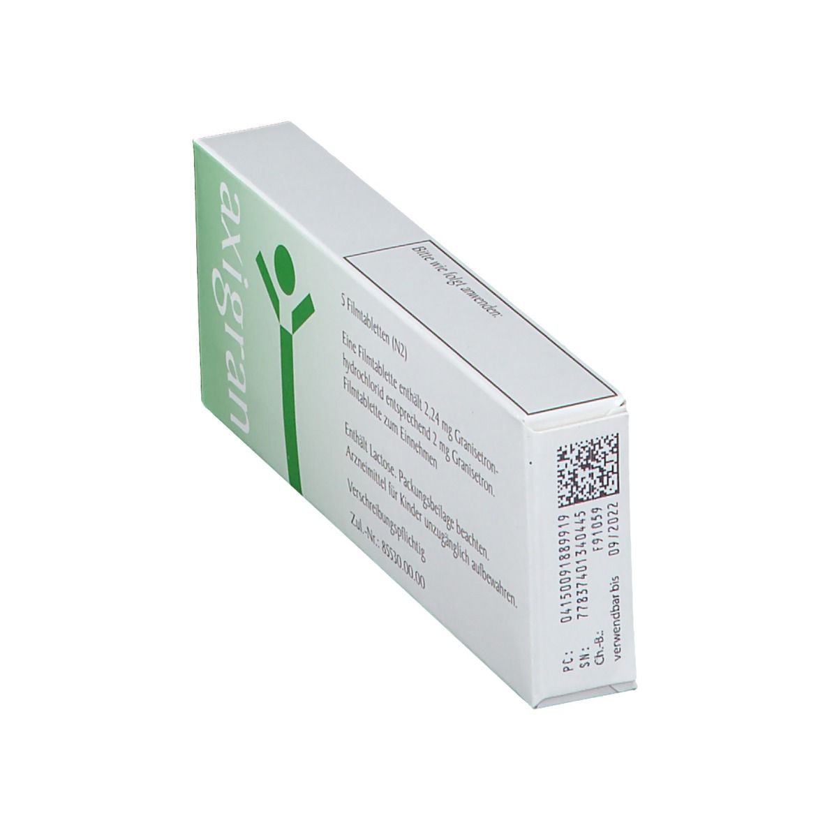 Schachtel "axigran 2 mg" in Schrägansicht. Grünes Logo und Text auf weißem Grund. 5 Filmtabletten.