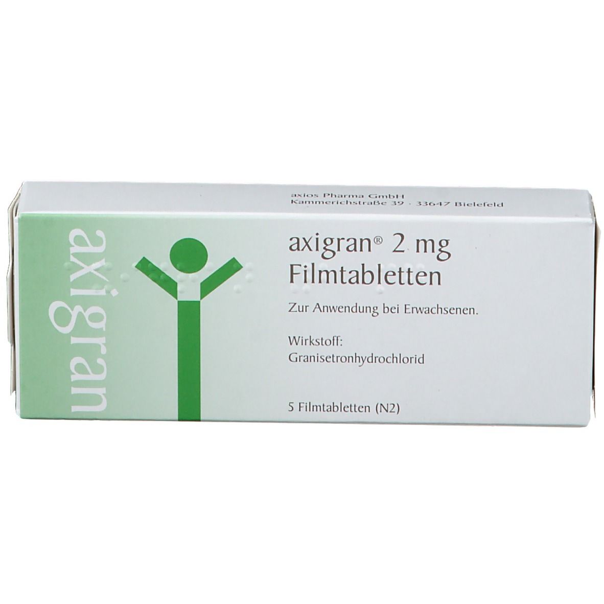 Weiße Schachtel "axigran 2 mg" mit grünem Logo und Text. Enthält 5 Filmtabletten. Text auf Deutsch.