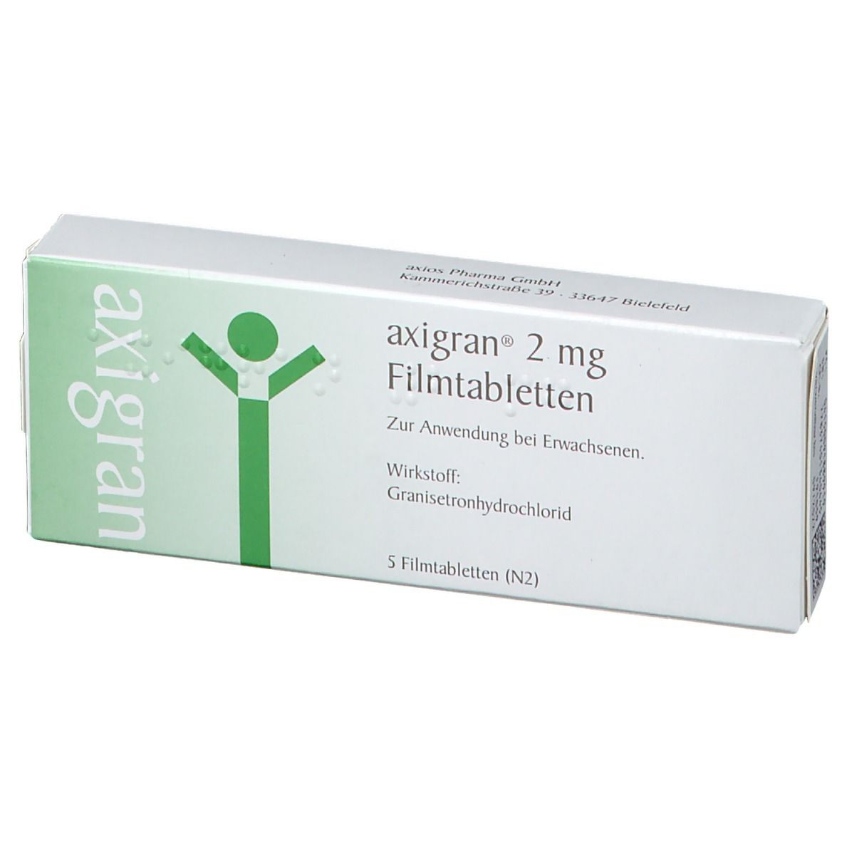 Weiße Schachtel "axigran 2 mg" mit grünem Logo und Text. Enthält 5 Filmtabletten. Text auf Deutsch.