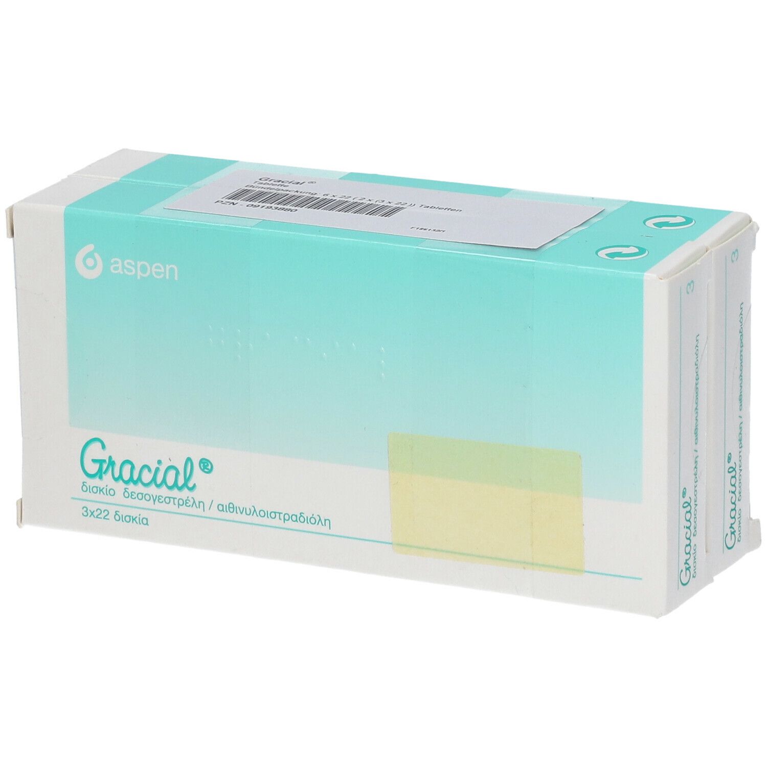 Verpackung von Gracial, 3x22 Tabletten. Türkis-weiße Schachtel mit Produktnamen und Aspen-Logo.