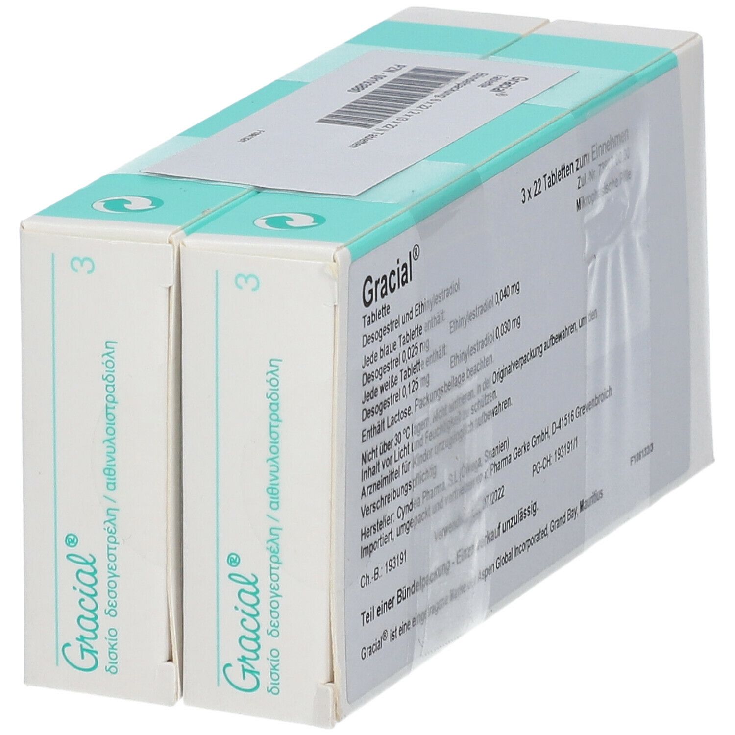Zwei Gracial-Verpackungen, 3x22 Tabletten. Türkis-weiße Schachteln mit Produktnamen und Aspen-Logo.