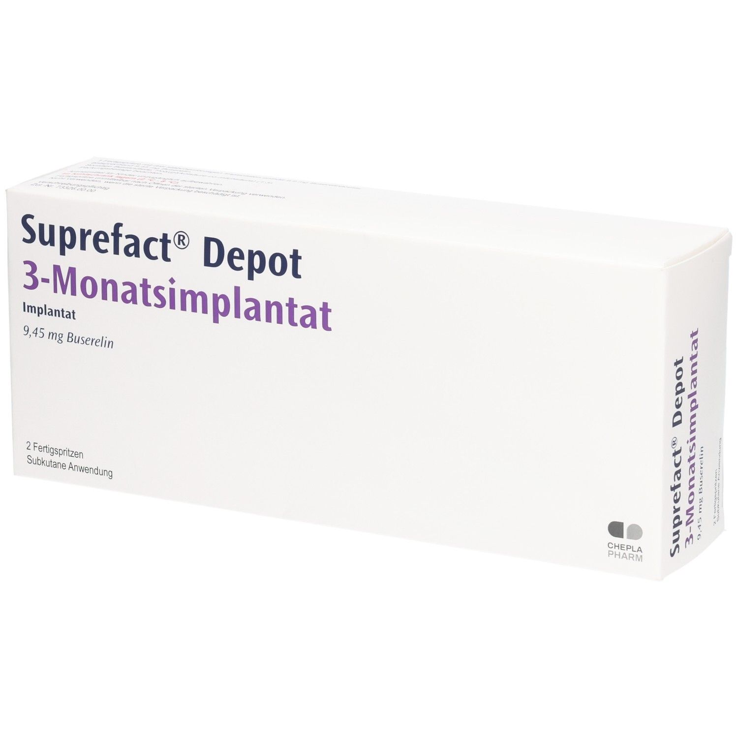 Weiße rechteckige Verpackung. Aufschrift: Suprefact Depot 3-Monatsimplantat. Enthält 9,45 mg Buserelin. 2 Fertigspritzen.