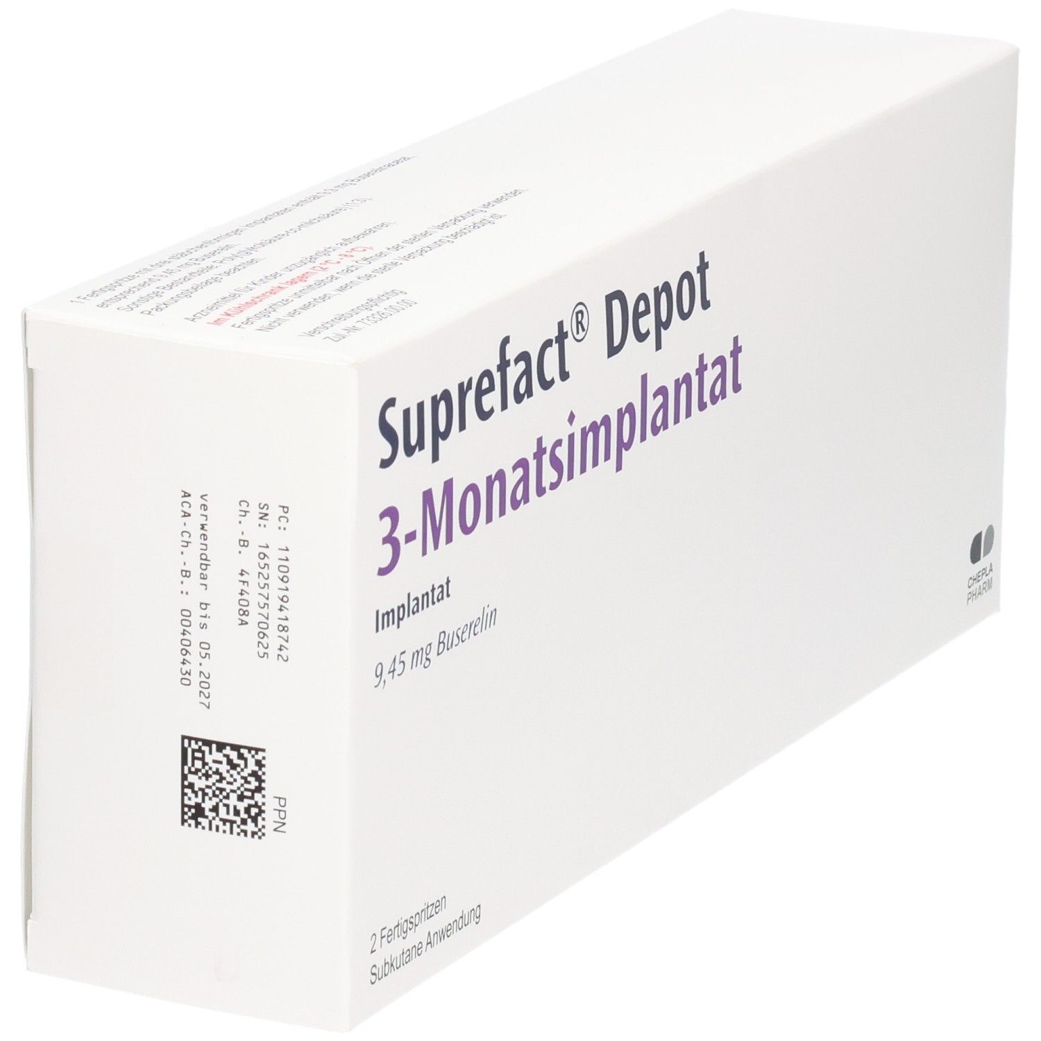 Weiße rechteckige Verpackung. Aufschrift: Suprefact Depot 3-Monatsimplantat. Enthält 9,45 mg Buserelin. QR-Code und Chargennummer.