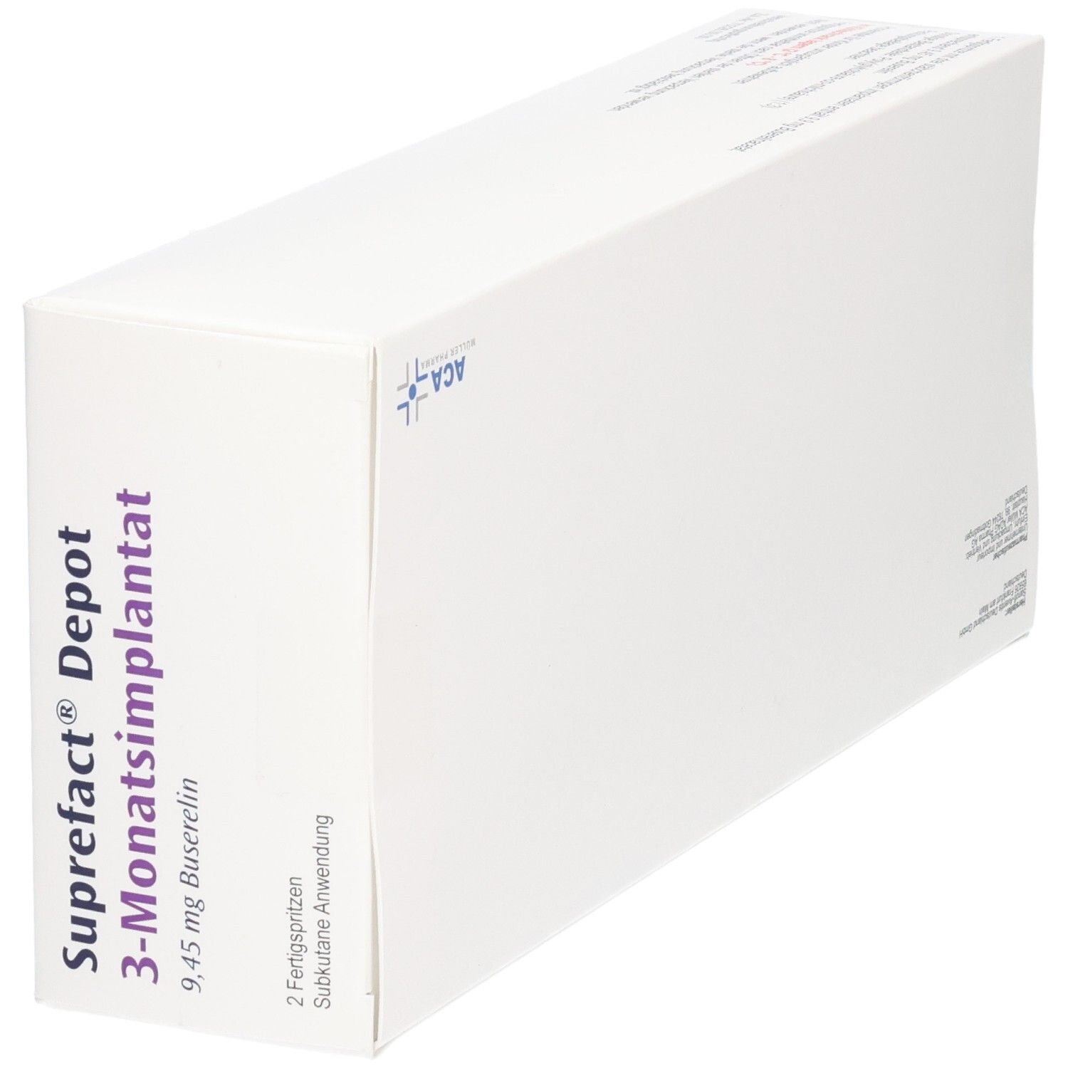 Weiße rechteckige Verpackung. Aufschrift: Suprefact Depot 3-Monatsimplantat. ACA-Logo. 9,45 mg Buserelin. 2 Fertigspritzen.