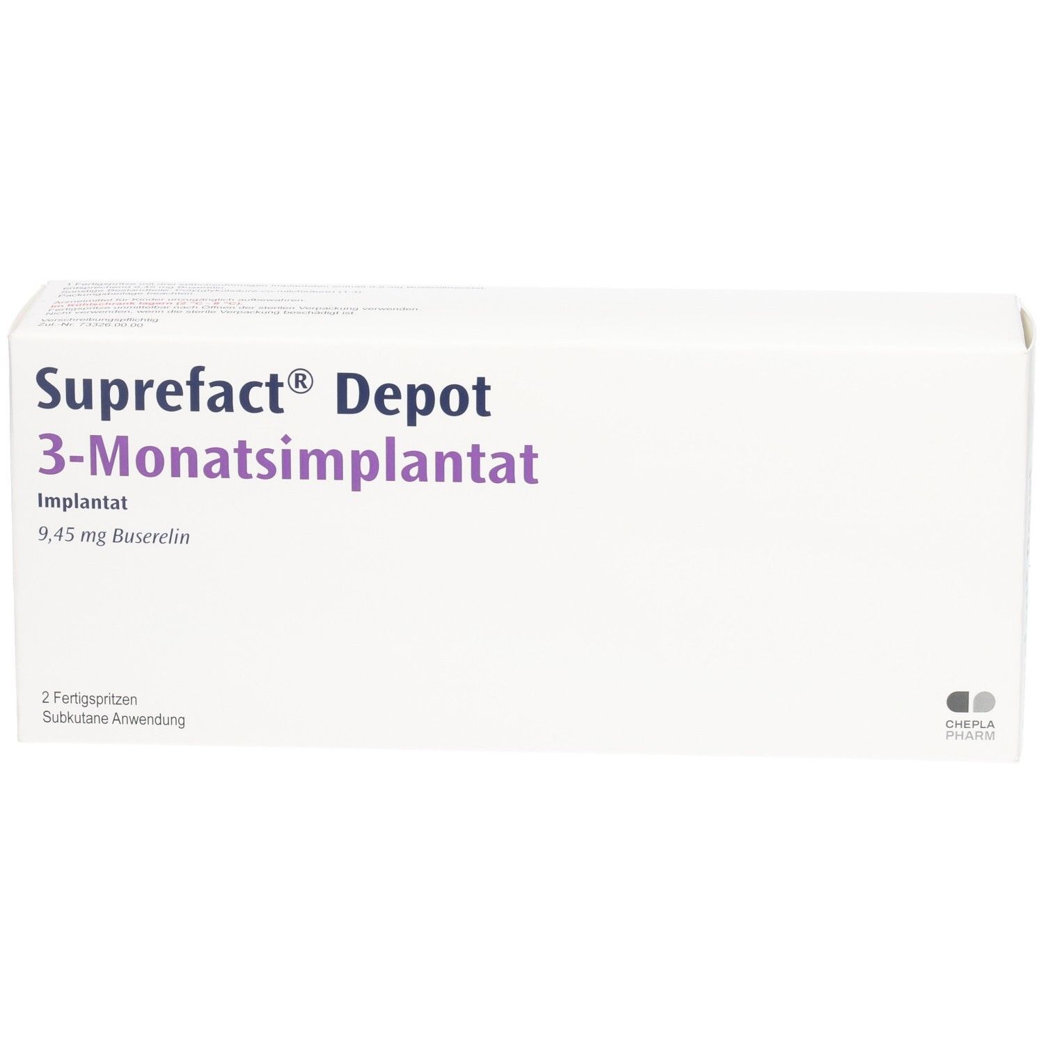 Weiße rechteckige Verpackung. Aufschrift: Suprefact Depot 3-Monatsimplantat. Enthält 9,45 mg Buserelin. 2 Fertigspritzen.