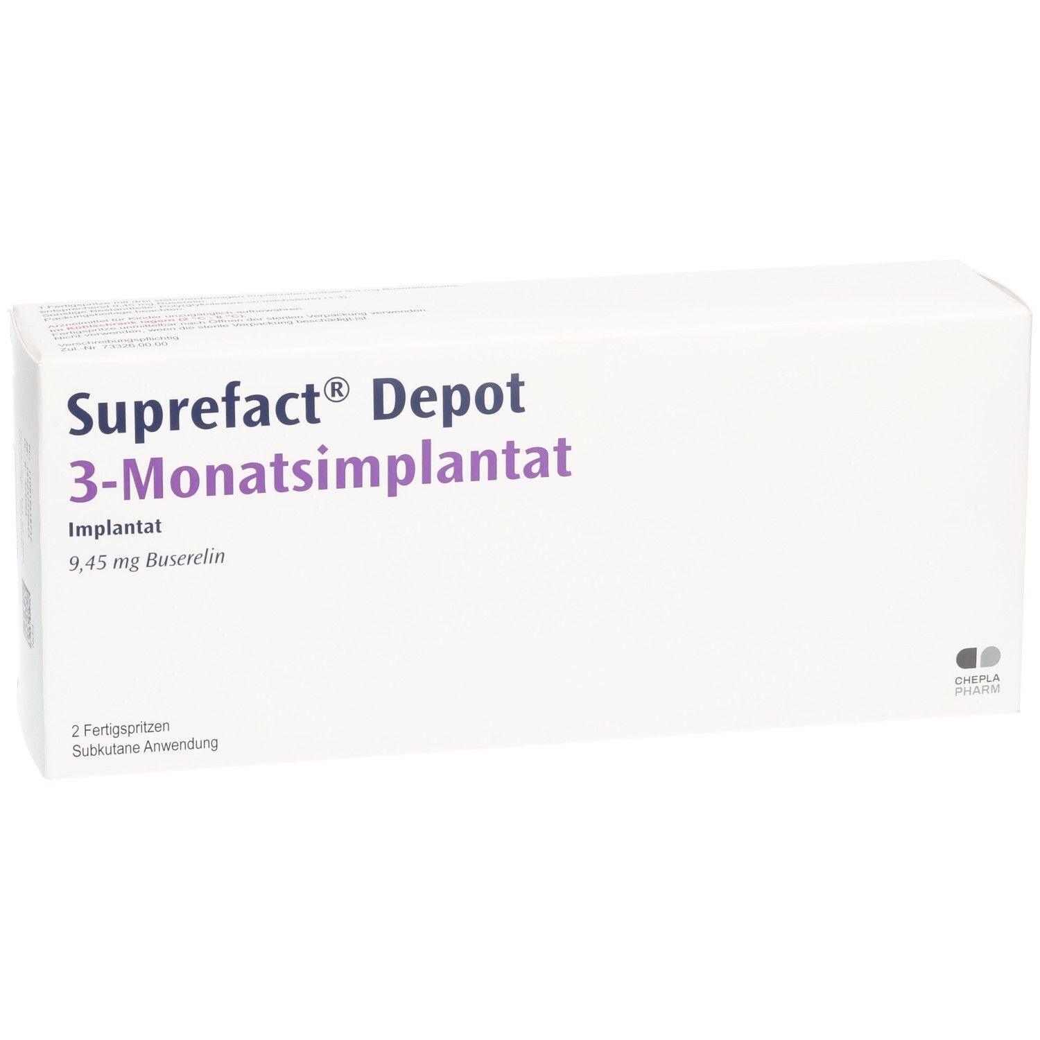 Weiße rechteckige Verpackung. Aufschrift: Suprefact Depot 3-Monatsimplantat. Enthält 9,45 mg Buserelin. 2 Fertigspritzen.