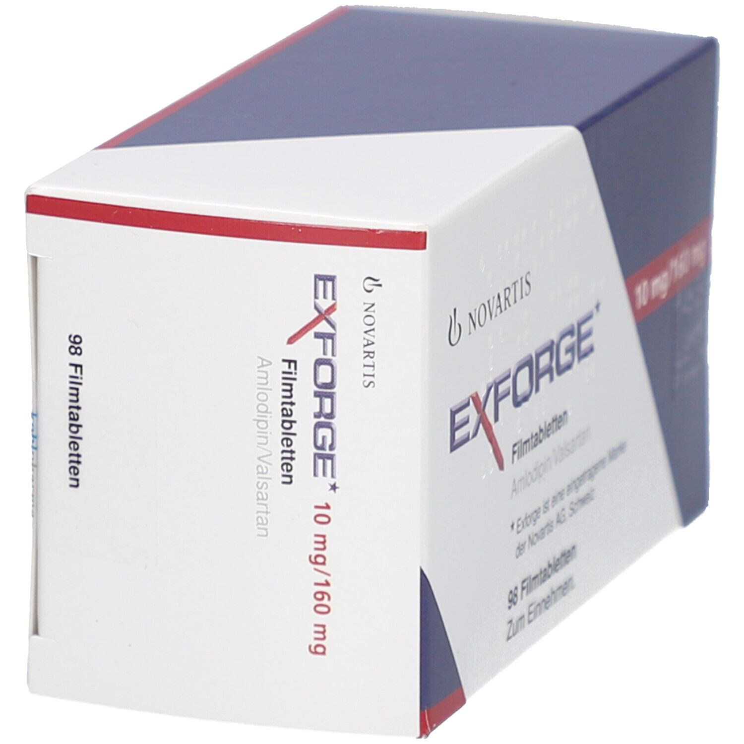 Schachtel EXFORGE 10 mg/160 mg. Enthält 98 Filmtabletten. Novartis-Logo. Seitenansicht.