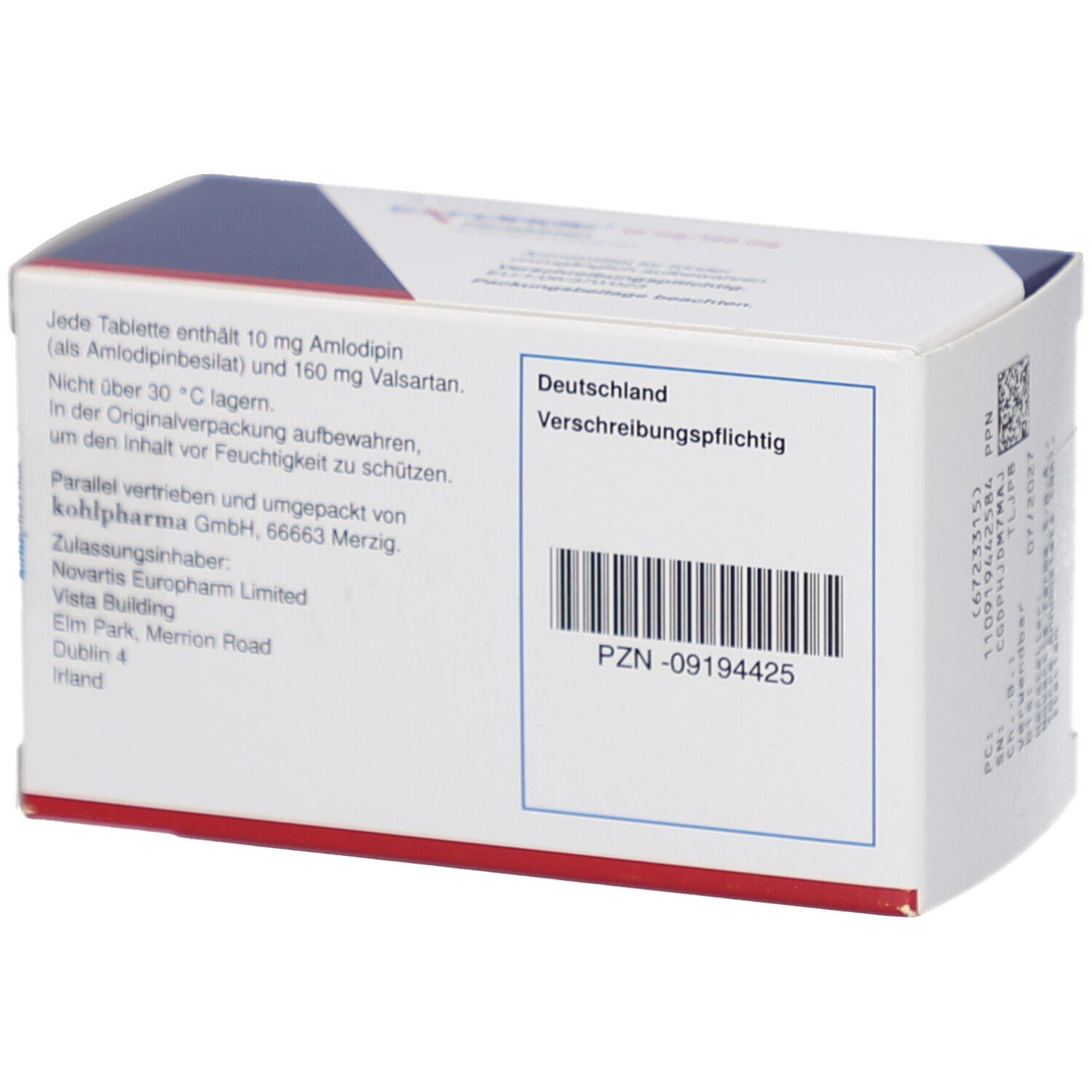 Rückseite der EXFORGE-Schachtel. Enthält Informationen und Barcode. Text in Deutsch.