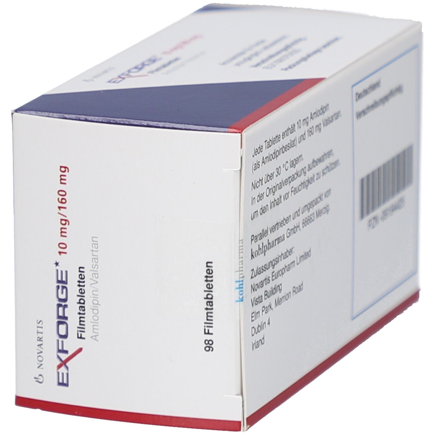 EXFORGE-Schachtel, Seitenansicht. Enthält 98 Filmtabletten. Novartis-Logo und Text.