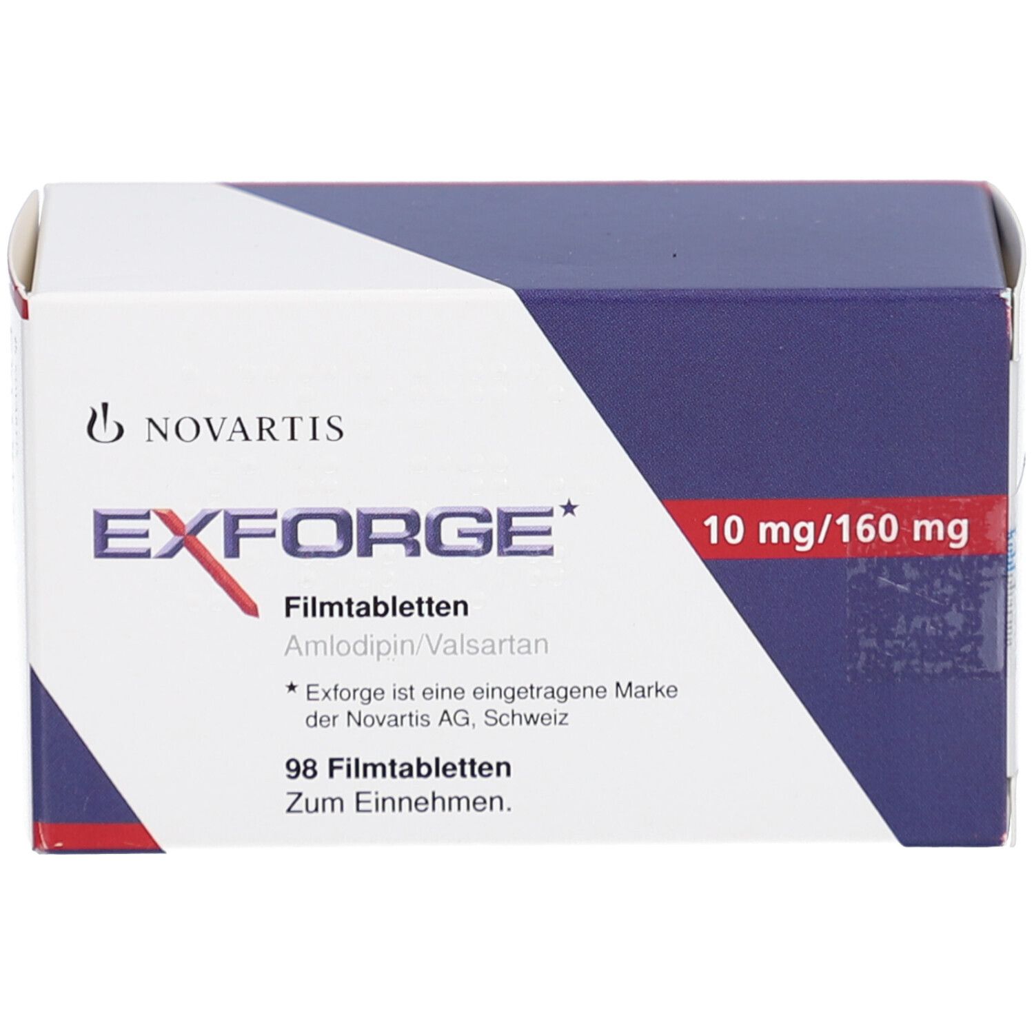 EXFORGE-Schachtel mit Novartis-Logo und Text. Enthält 98 Filmtabletten. 10 mg/160 mg.