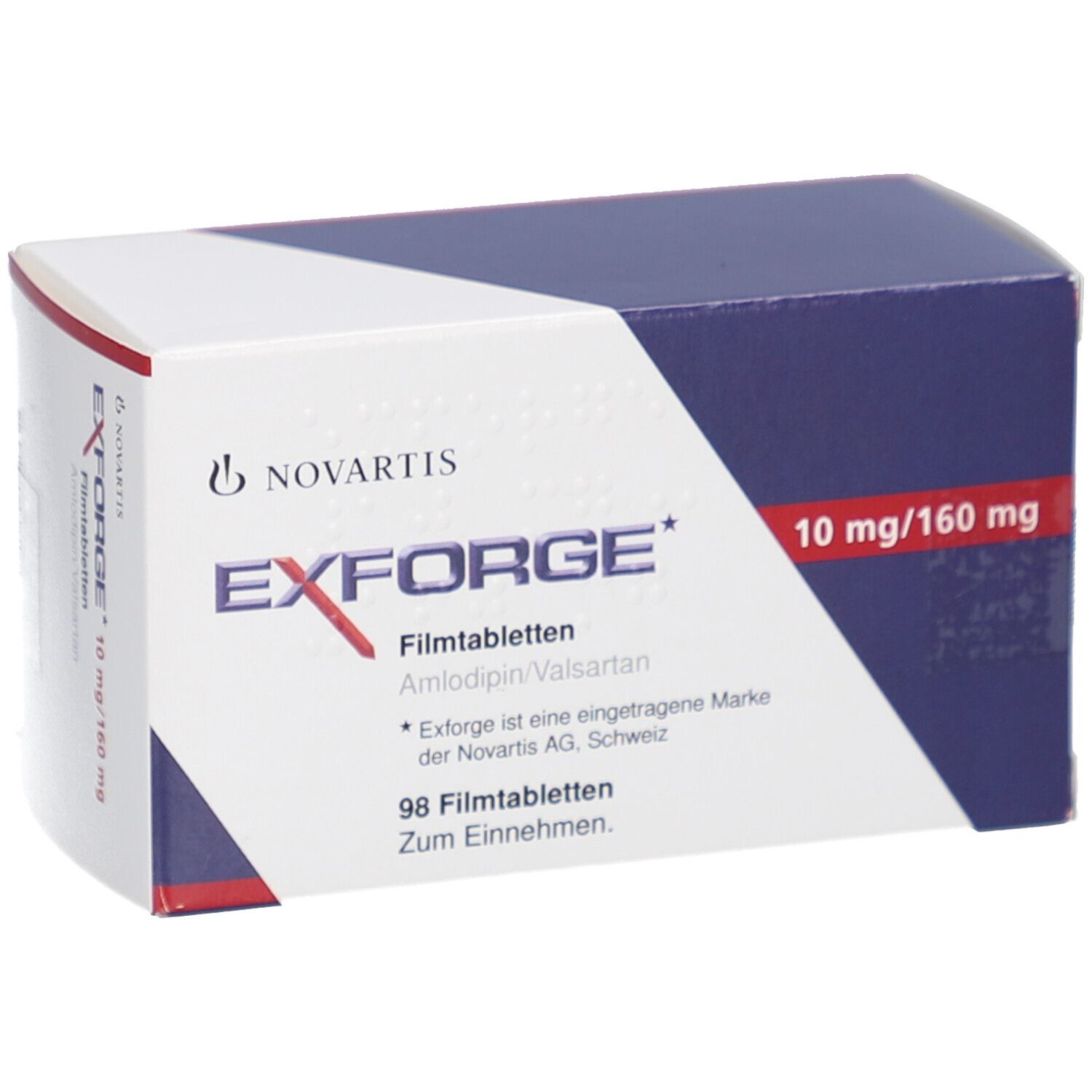 EXFORGE-Schachtel mit Novartis-Logo und Text. 10 mg/160 mg. Enthält 98 Filmtabletten.
