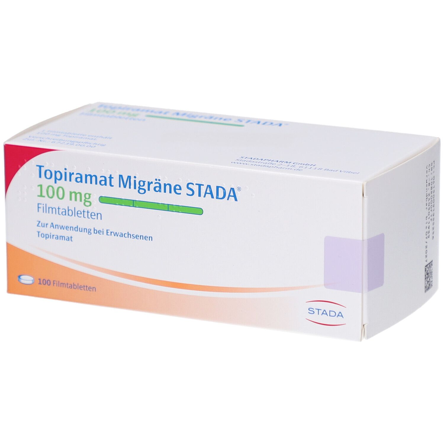 Schachtel mit Aufschrift Topiramat Migräne STADA 100 mg Filmtabletten. 100 Filmtabletten. STADA Logo.