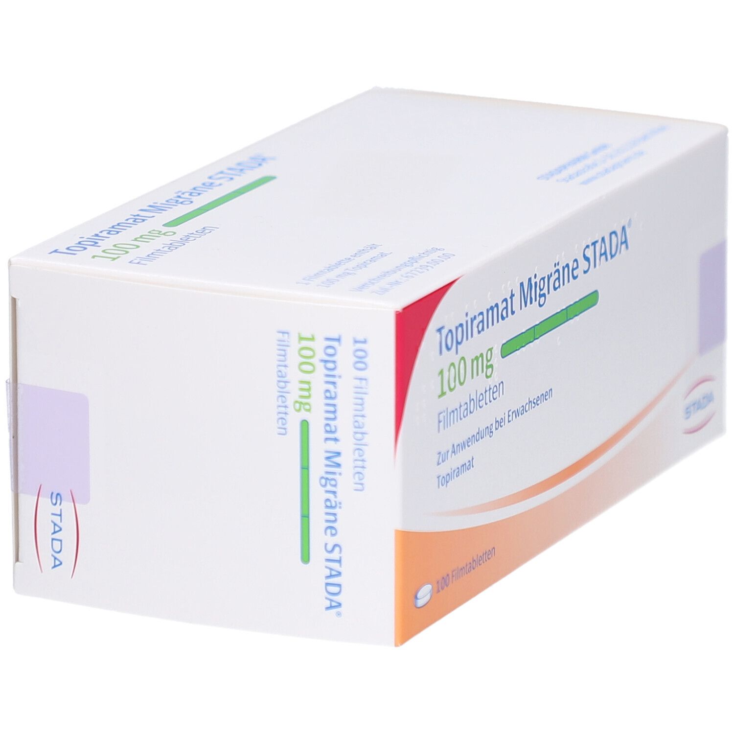 Schachtel mit Aufschrift Topiramat Migräne STADA 100 mg Filmtabletten. STADA Logo. Seitenansicht.