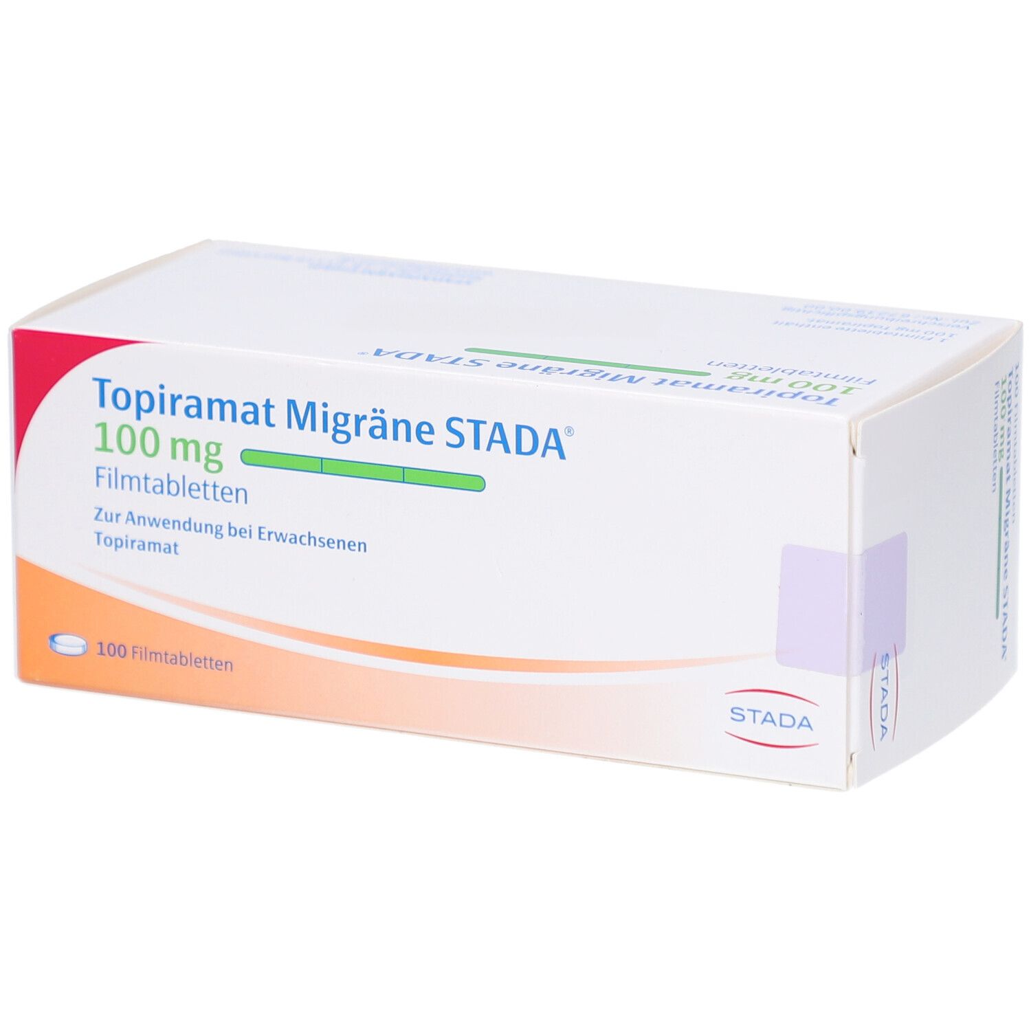 Schachtel mit Aufschrift Topiramat Migräne STADA 100 mg Filmtabletten. 100 Filmtabletten. STADA Logo.