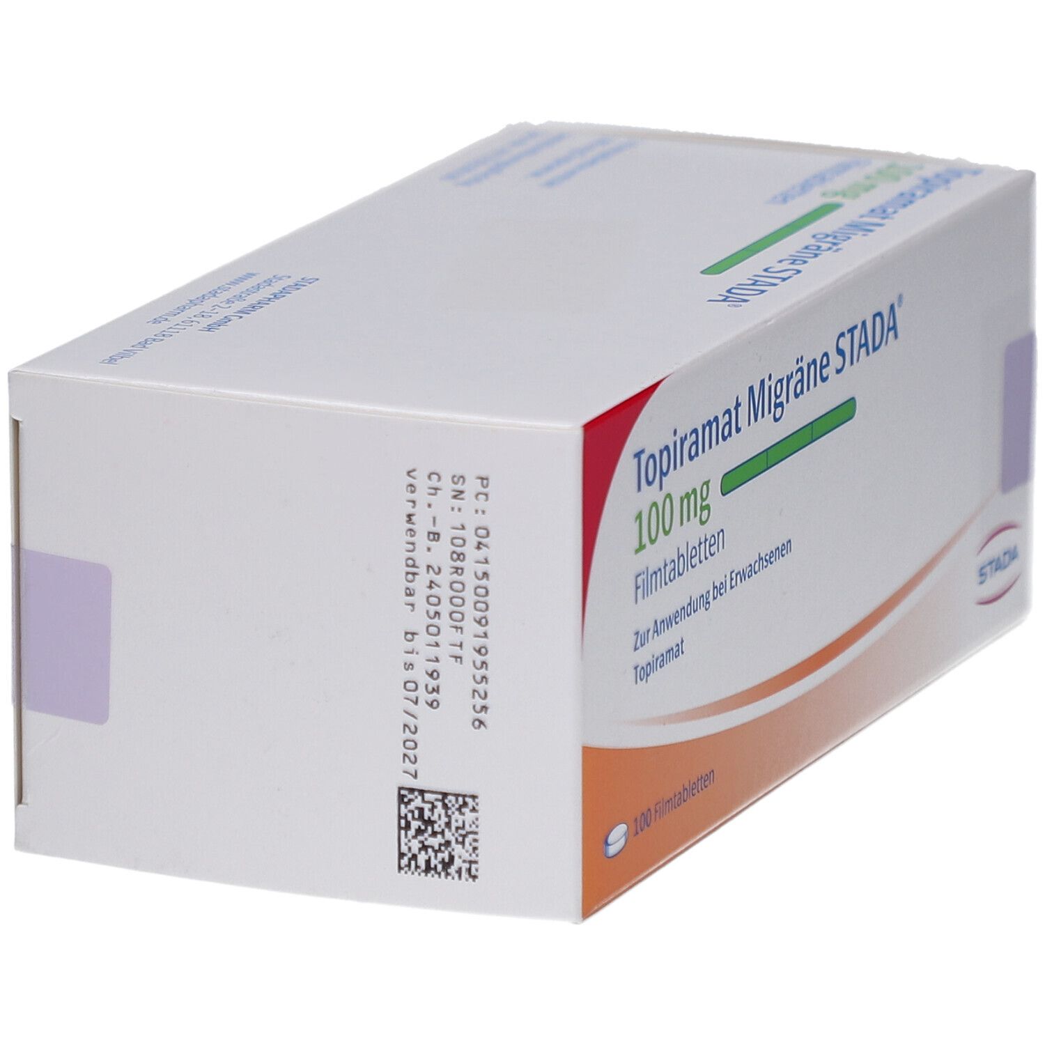 Schachtel mit Aufschrift Topiramat Migräne STADA 100 mg Filmtabletten. STADA Logo. Detailansicht mit Barcode.