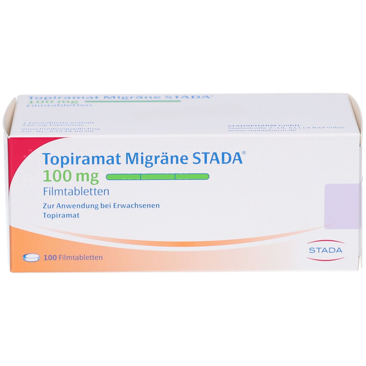 Schachtel mit Aufschrift Topiramat Migräne STADA 100 mg Filmtabletten. 100 Filmtabletten. STADA Logo.
