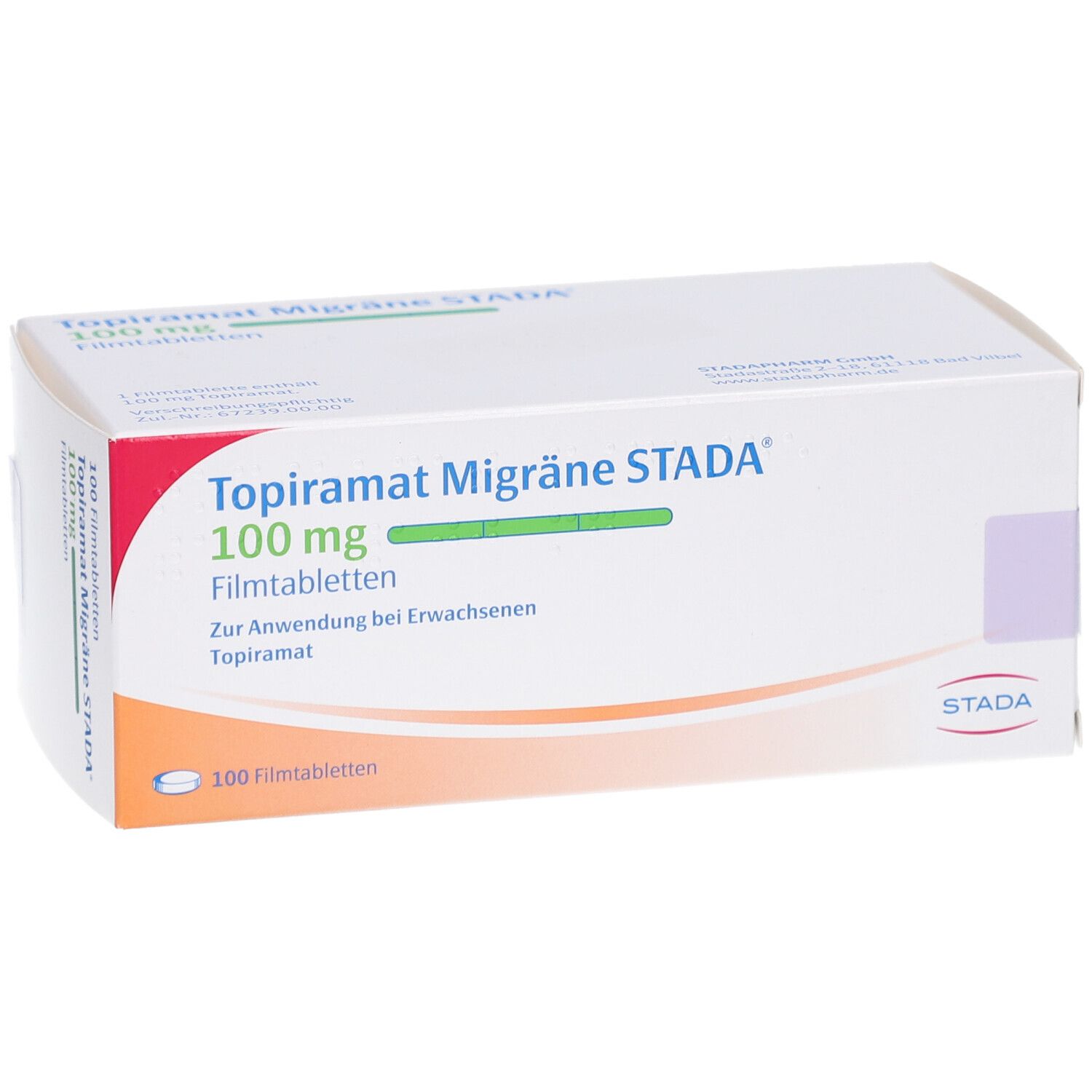 Schachtel mit Aufschrift Topiramat Migräne STADA 100 mg Filmtabletten. 100 Filmtabletten. STADA Logo.