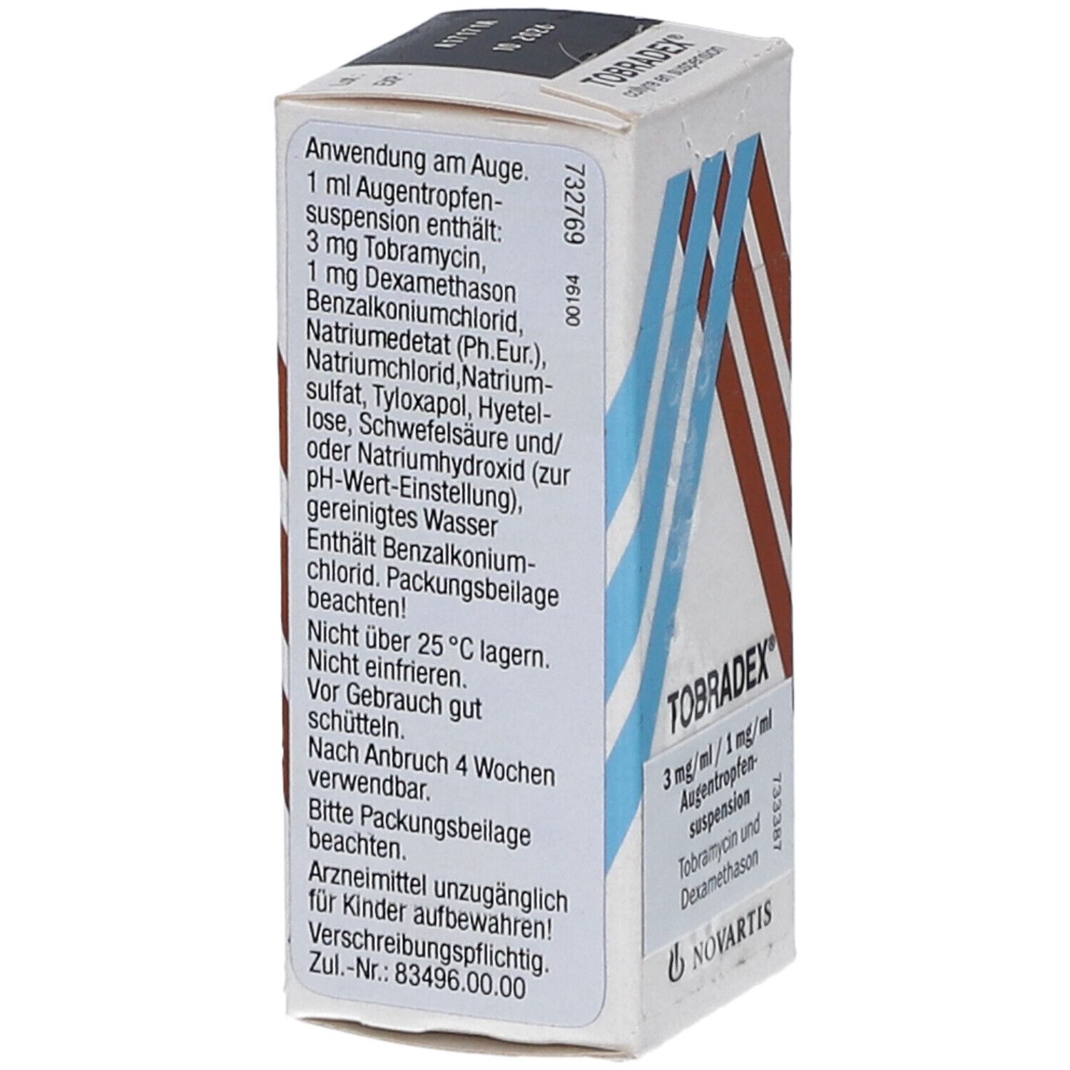 Rückseite der Tobradex-Verpackung. Enthält Informationen zu Inhaltsstoffen und Anwendung. Text in deutscher Sprache.